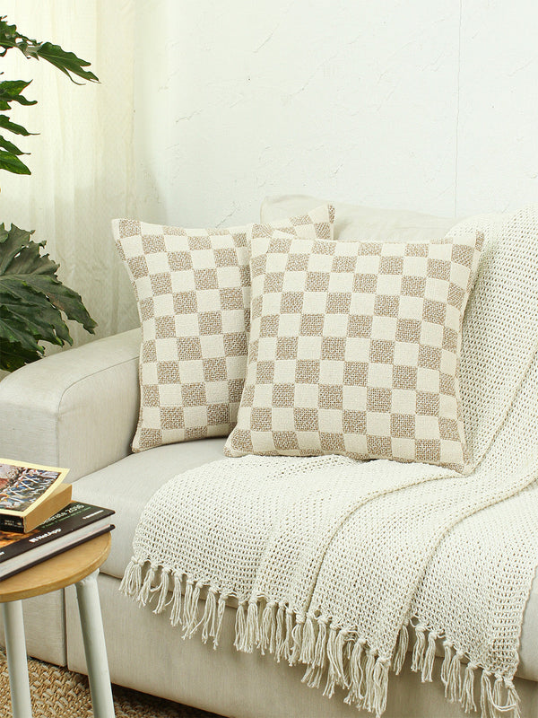 Checkerboard Set Of 2 Cushion Covers - (Beige) - 40x40cm