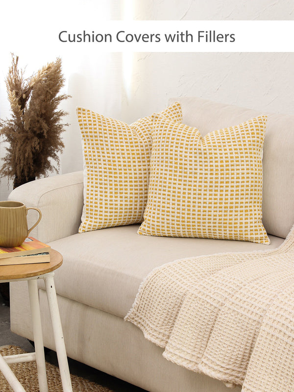 Girnar Set Of 2 Cushion Covers + 2 Cushion Fillers (Yellow) - 40X40 cm