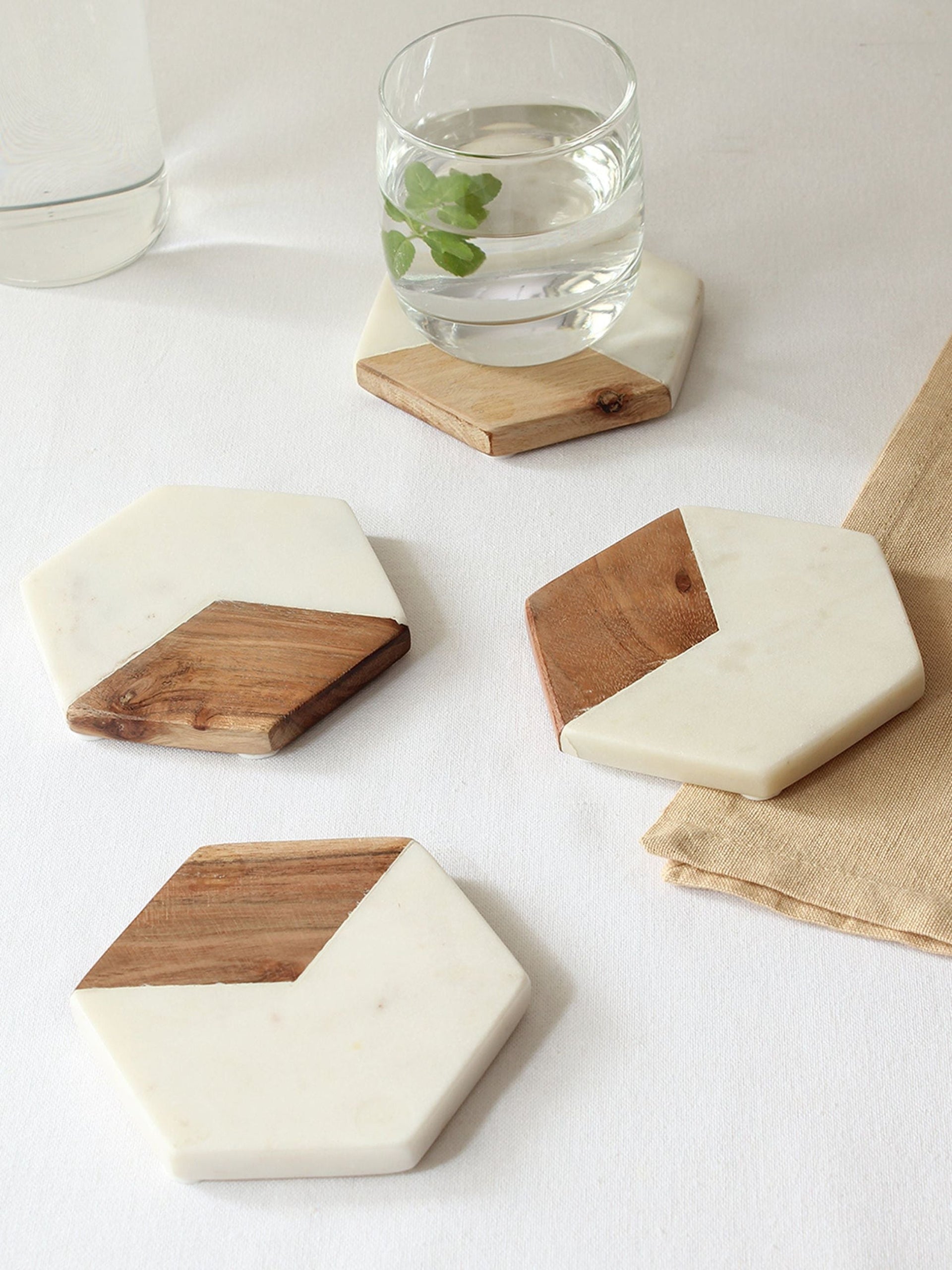 Marble & Wooden Coaster - Vallam Set of 4