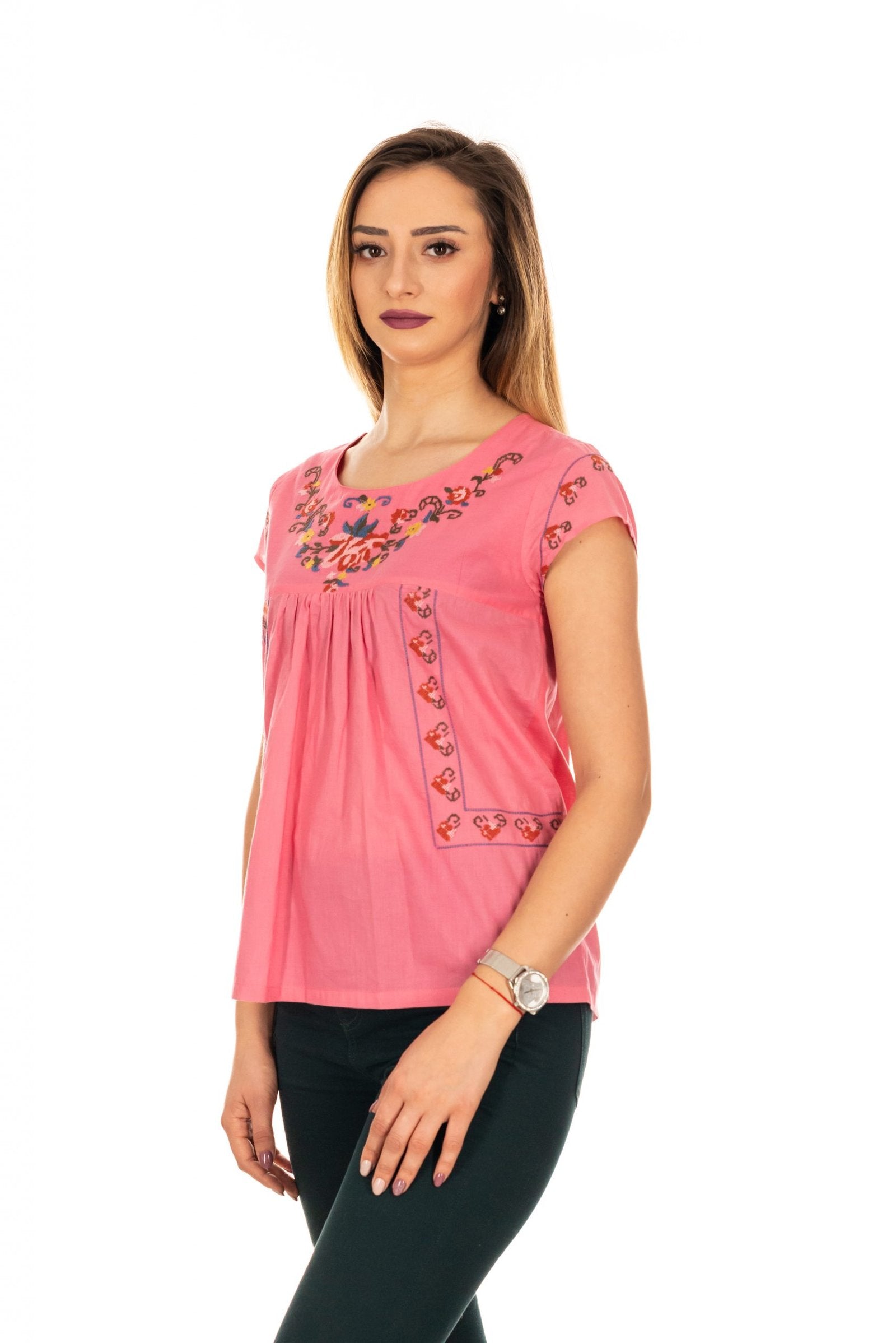 Bluză roz cu broderie, Mărime S