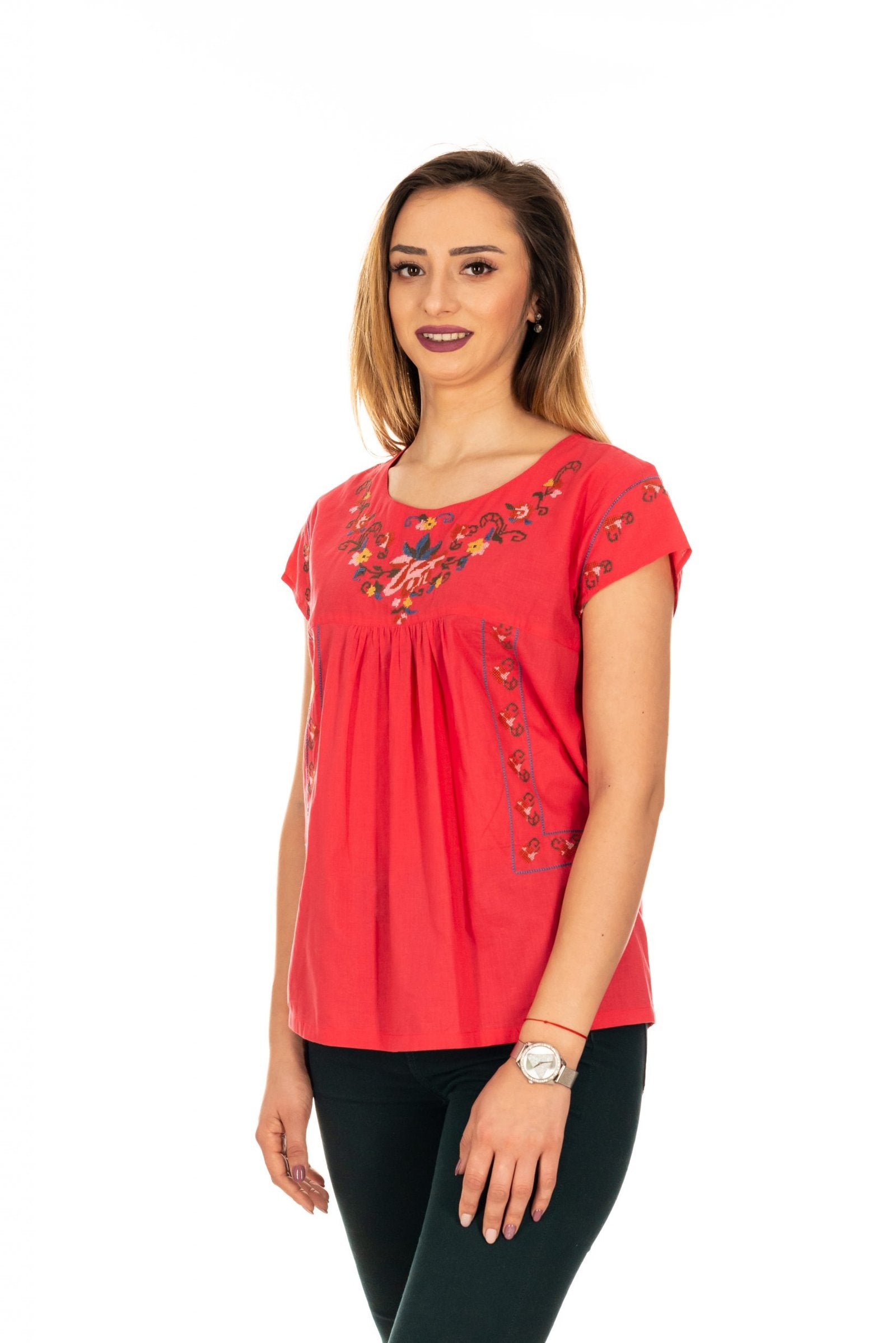 Bluză rosu corai cu broderie, Mărime M