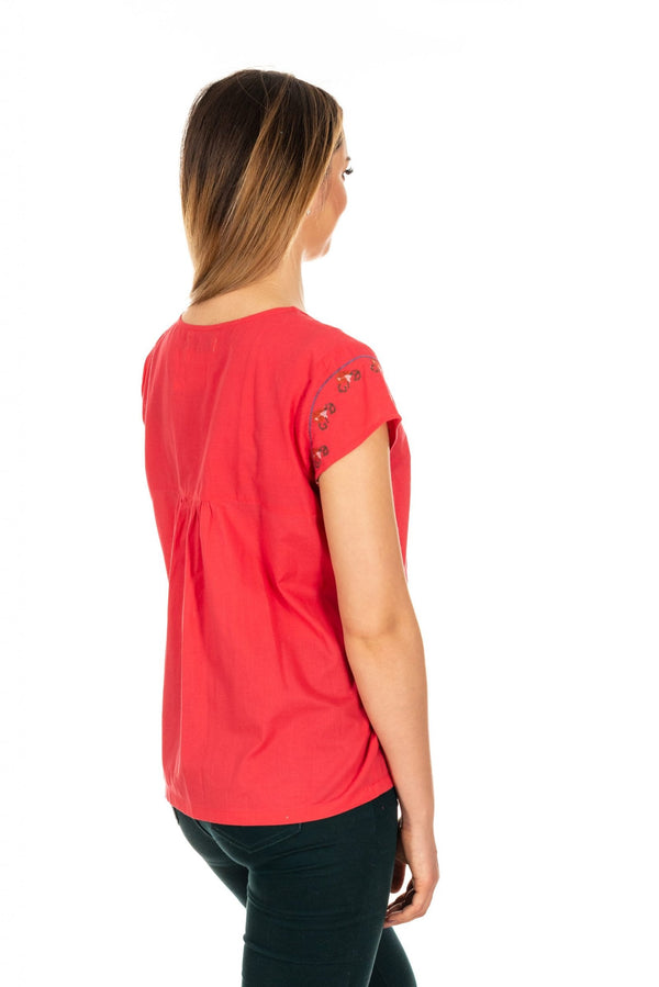 Bluză rosu corai cu broderie, Mărime M