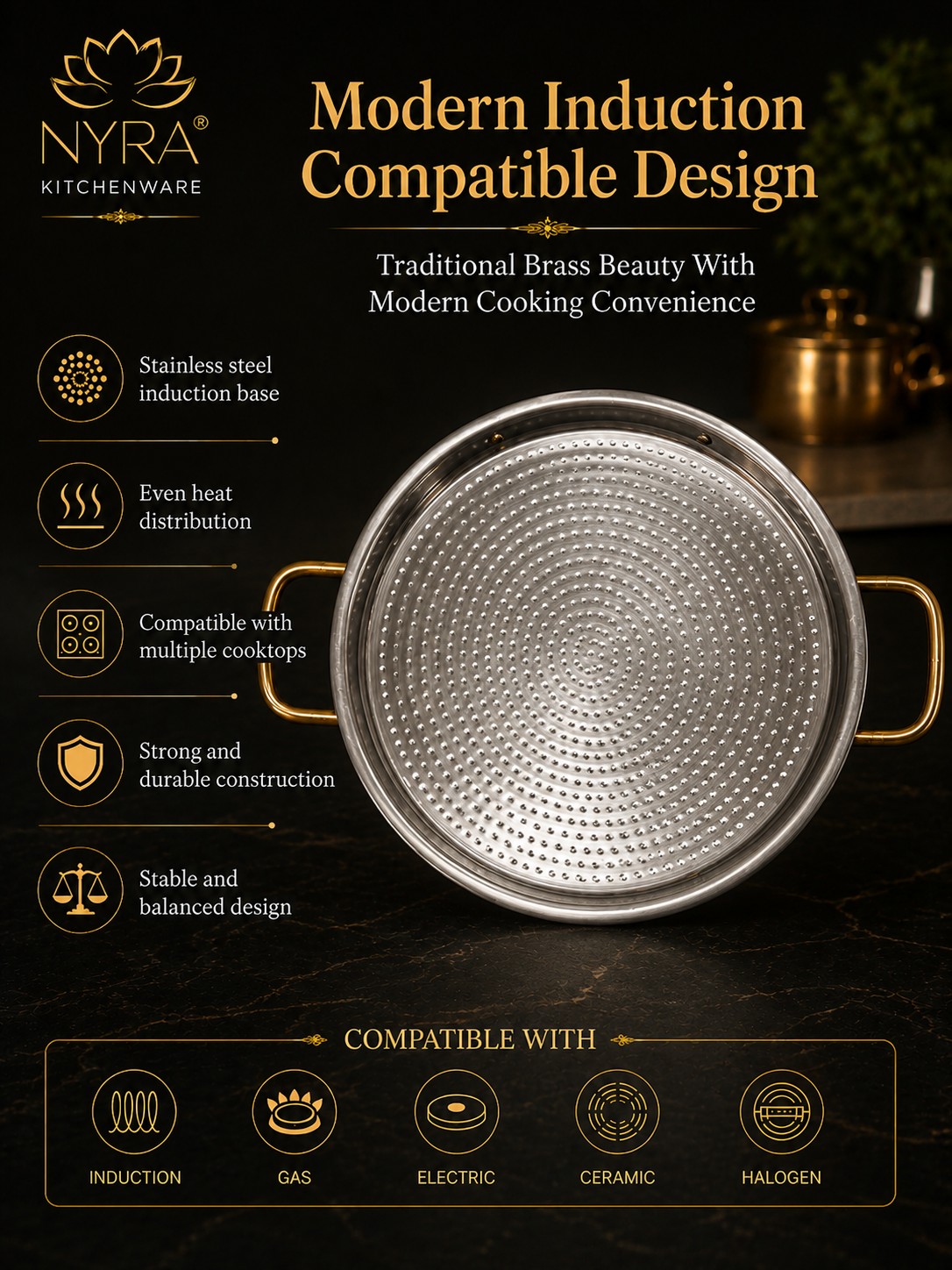 Pure Brass Kalai Tawa with Double Handle | Hammered Finish Brass Dosa Tawa | Food Grade Peetal Cooking Tawa