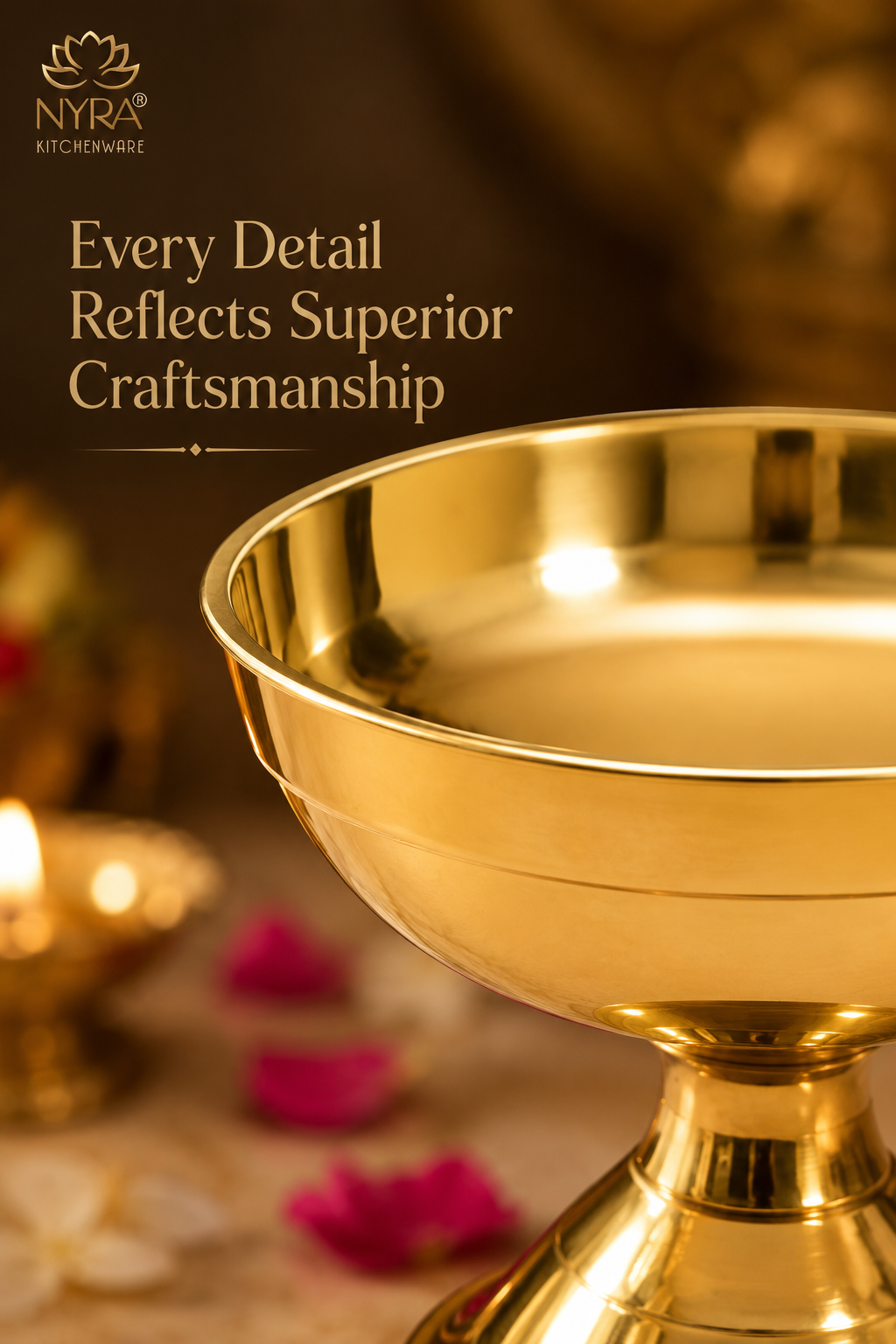 A polished brass or gold-colored ceremonial bowl or lamp base shown in a warm, softly blurred setting with decorative petals and candlelight. The NYRA Kitchenware logo appears in the upper left, along with the text 'Every Detail Reflects Superior Craftsmanship'.