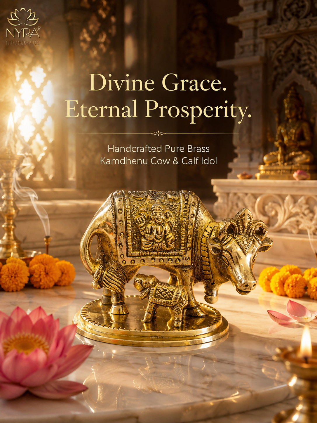 A brass cow and calf idol displayed on a marble surface in a temple-like setting with marigold flowers, a pink lotus, and warm ambient lighting. Text on the image reads 'Divine Grace.