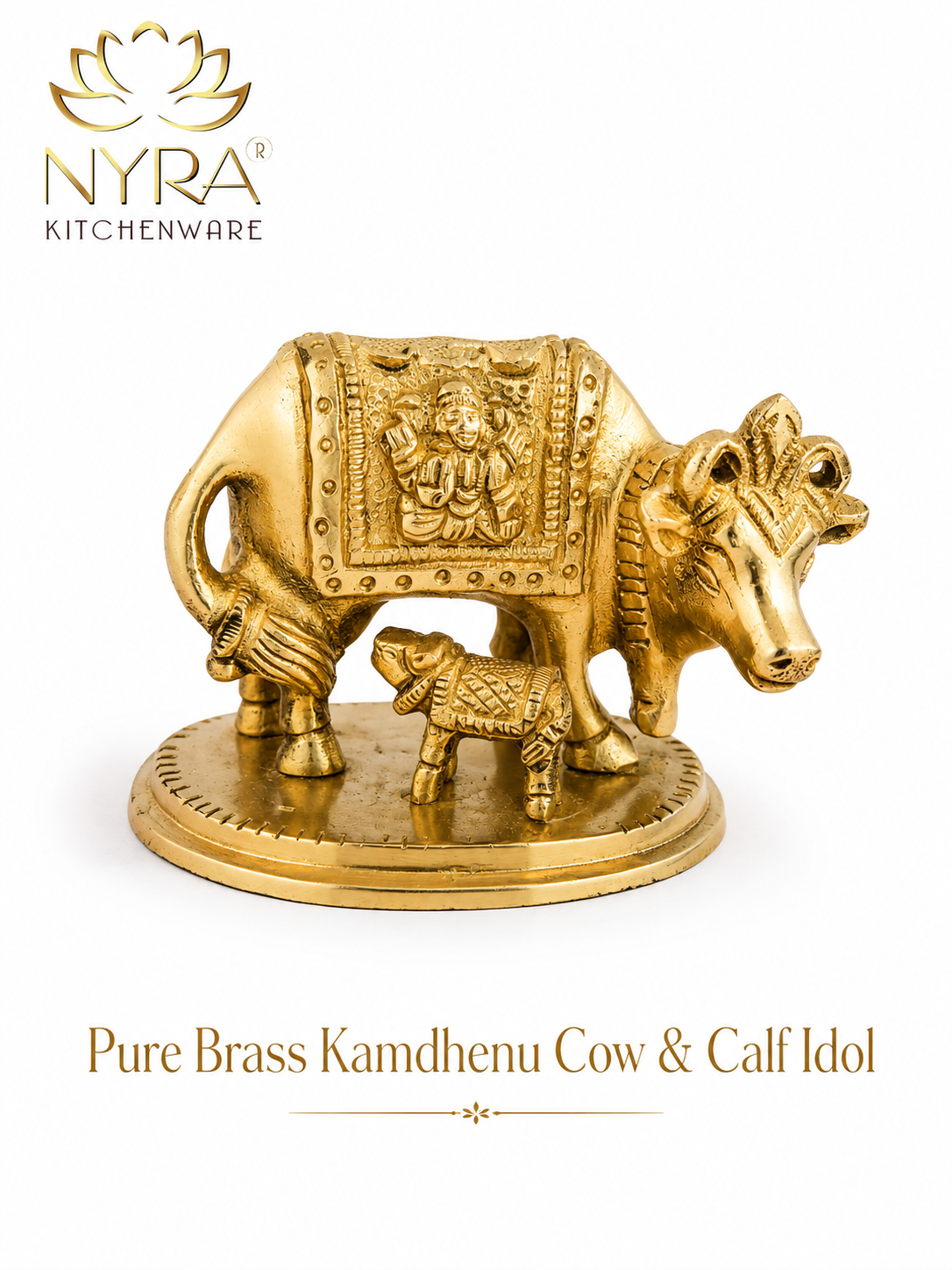 A brass Kamdhenu cow and calf idol figurine with detailed carvings, shown on a white background with the NYRA Kitchenware logo and product name text.