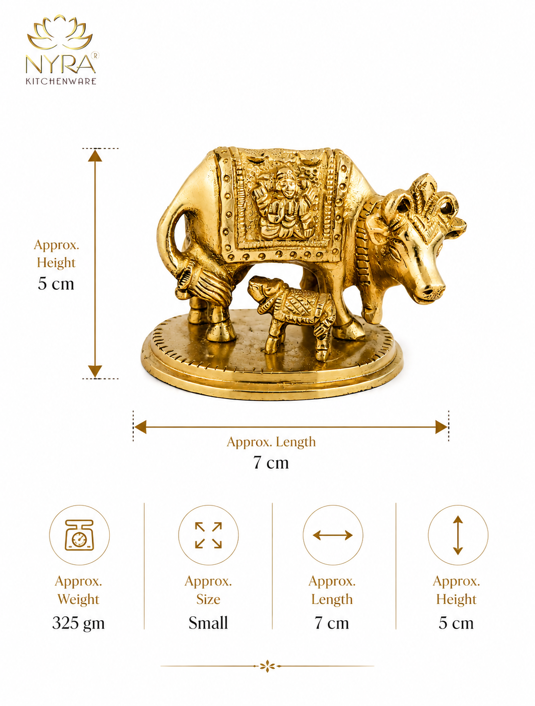 Gold-toned brass cow and calf figurine on a round base, shown with dimension arrows and text indicating approximate height 5 cm, length 7 cm, and weight 325 g. The NYRA Kitchenware logo appears at top left on a white background.