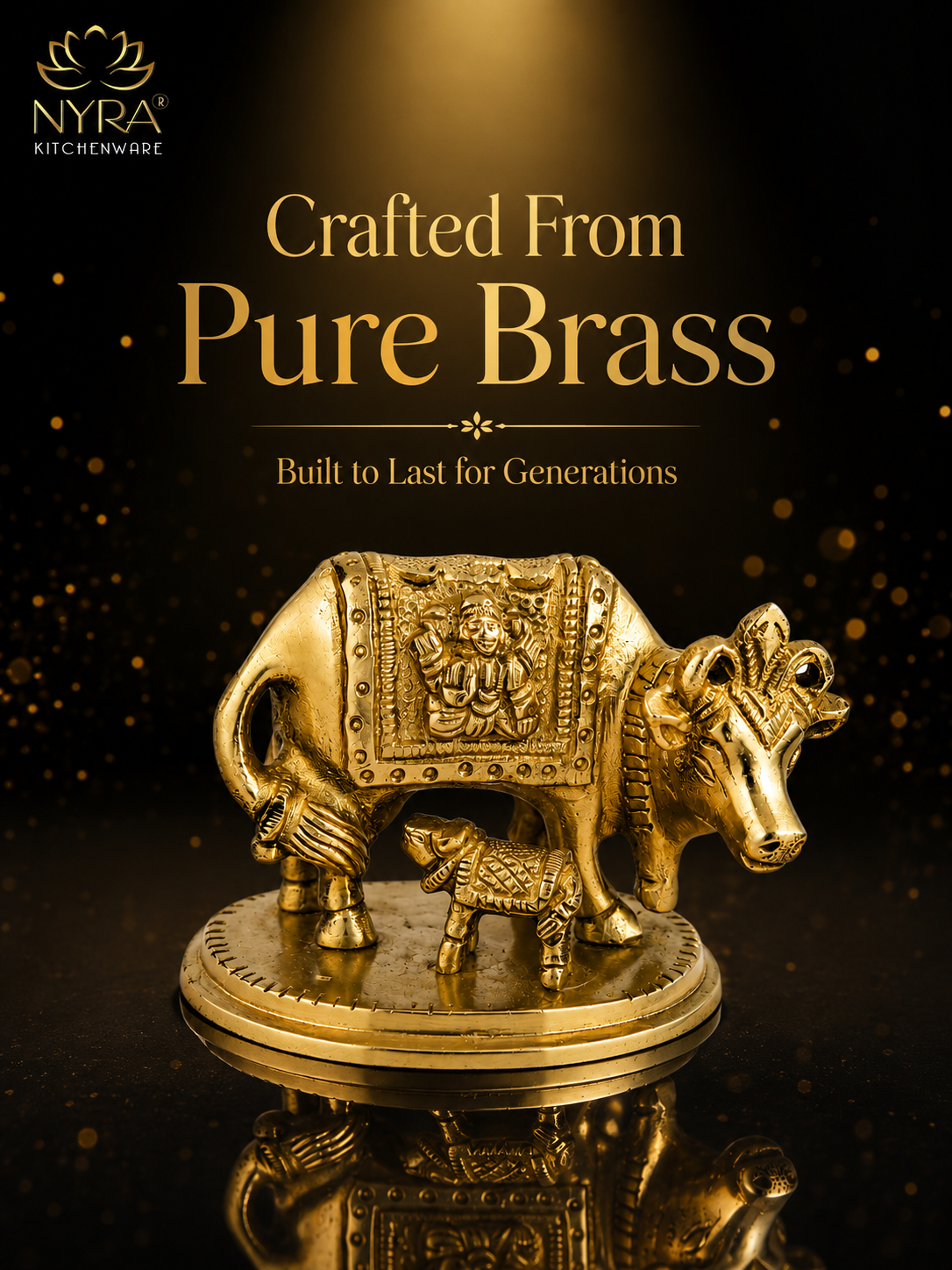 A brass cow and calf figurine on a round base, with promotional text reading 'Crafted From Pure Brass' and the NYRA Kitchenware logo on a dark gold background.