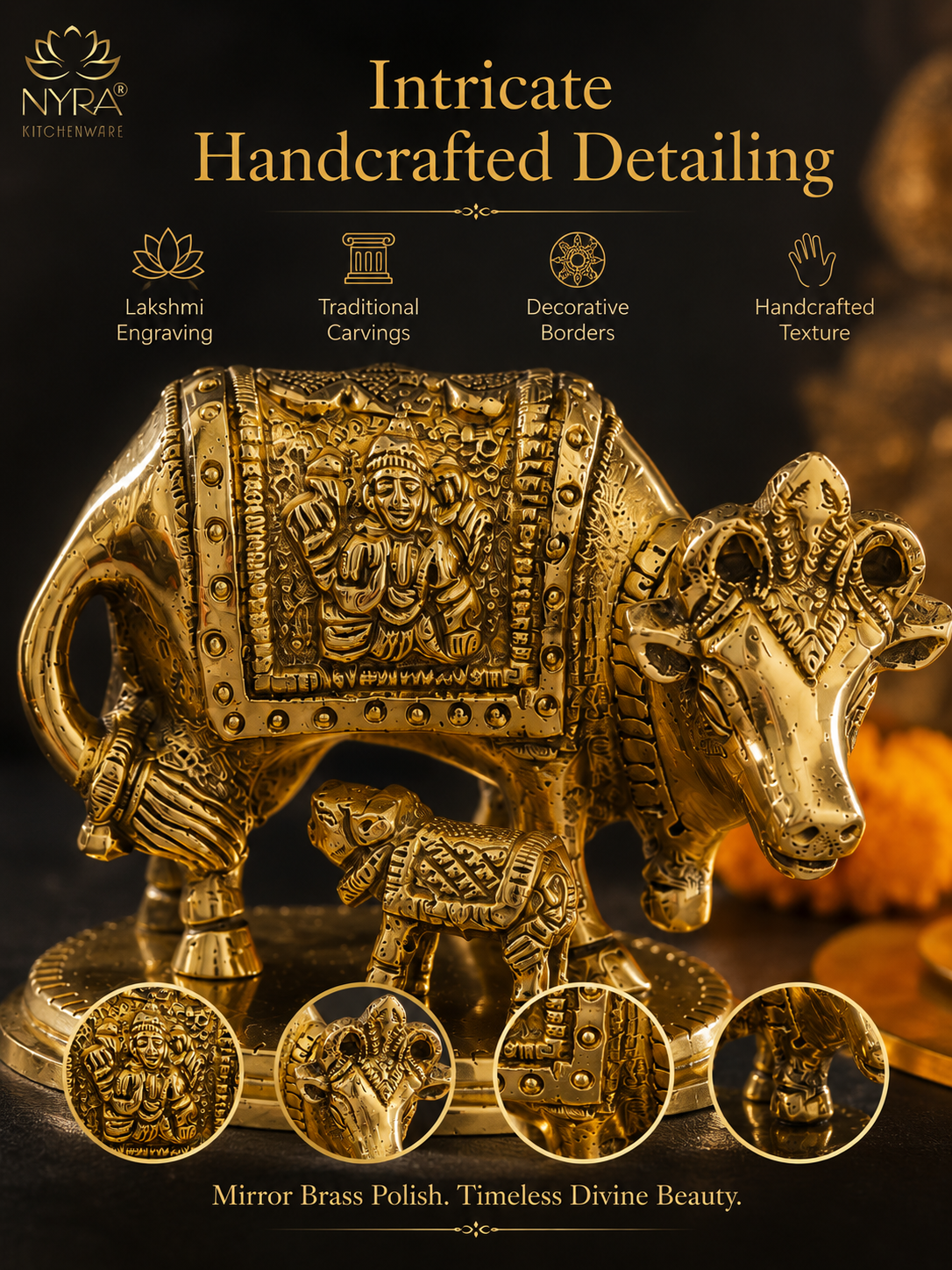A decorative brass cow and calf figurine with intricate handcrafted detailing, shown on a dark background with promotional text and circular detail insets. The brand name 'Nyra Kitchenware' is visible in the top left.