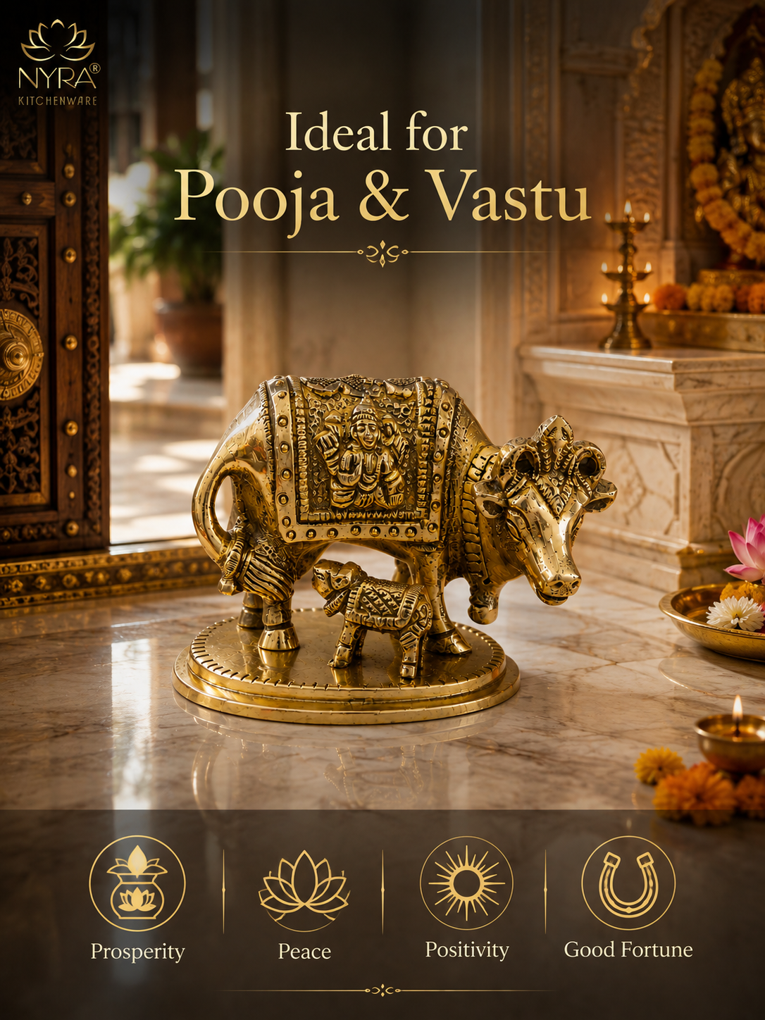 A brass cow and calf figurine with intricate carvings, displayed on a polished marble surface in a warm, decorated interior. The image includes the NYRA KITCHENDES brand logo in the top left, the text 'Ideal for Pooja & Vastu' at the top, and four feature icons for Prosperity, Peace, Positivity, and Good Fortune along the bottom.