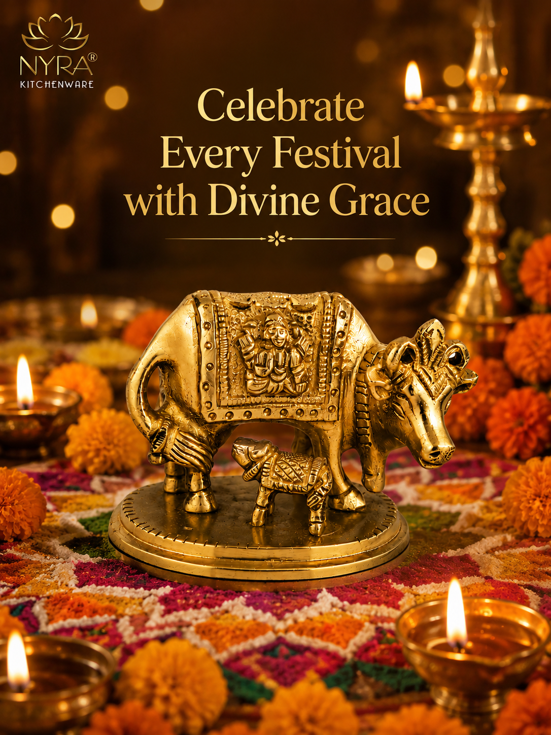 A brass cow and calf idol displayed on a decorated festive surface with lit oil lamps and marigold flowers. The image includes the NYRA KITCHENWARE logo and the text 'Celebrate Every Festival with Divine Grace'.