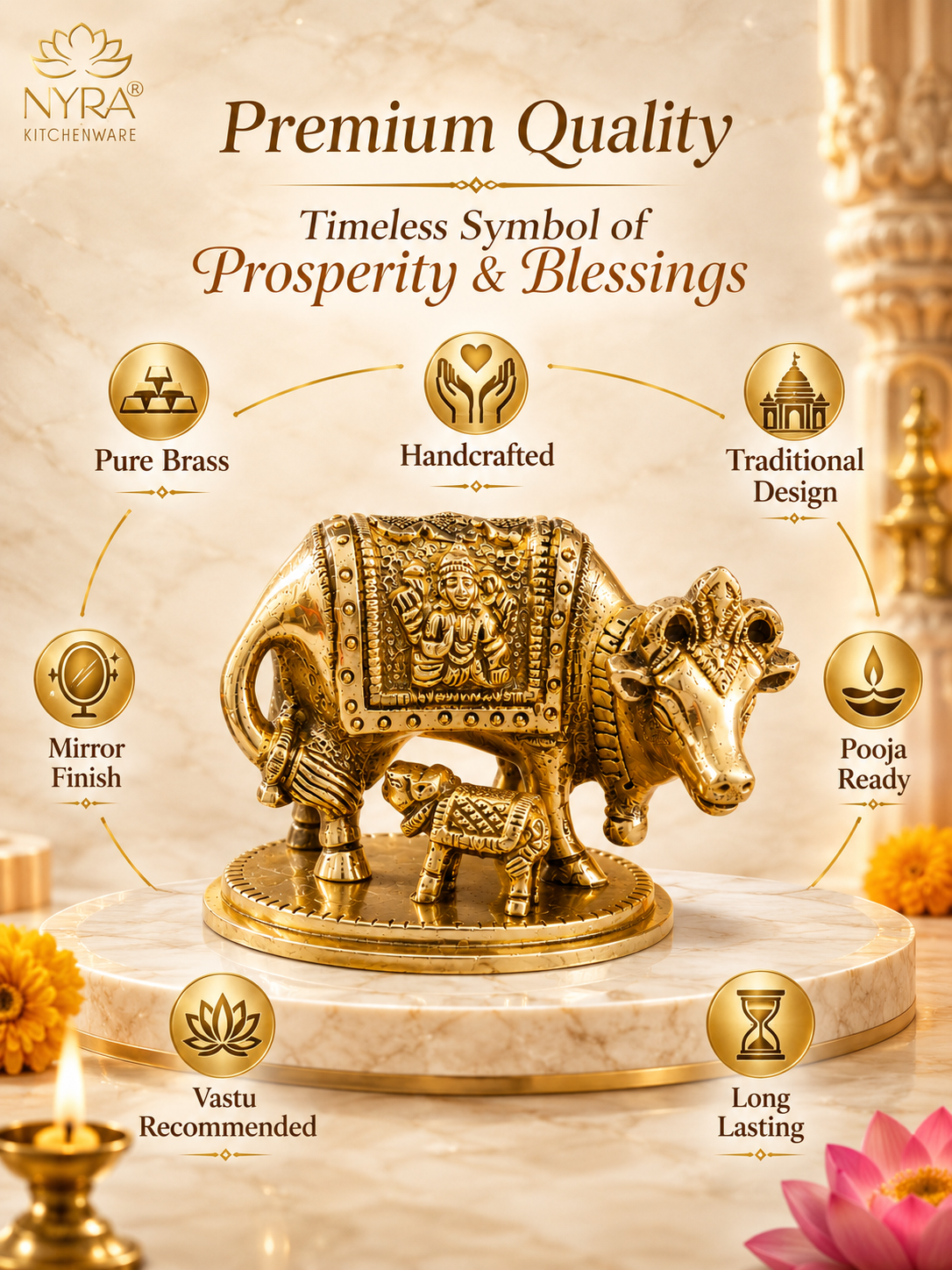 A brass Golu (floor stand) featuring a detailed cow and calf idol with a decorative saddle, displayed on a marble pedestal with decorative props and text overlays highlighting its features.