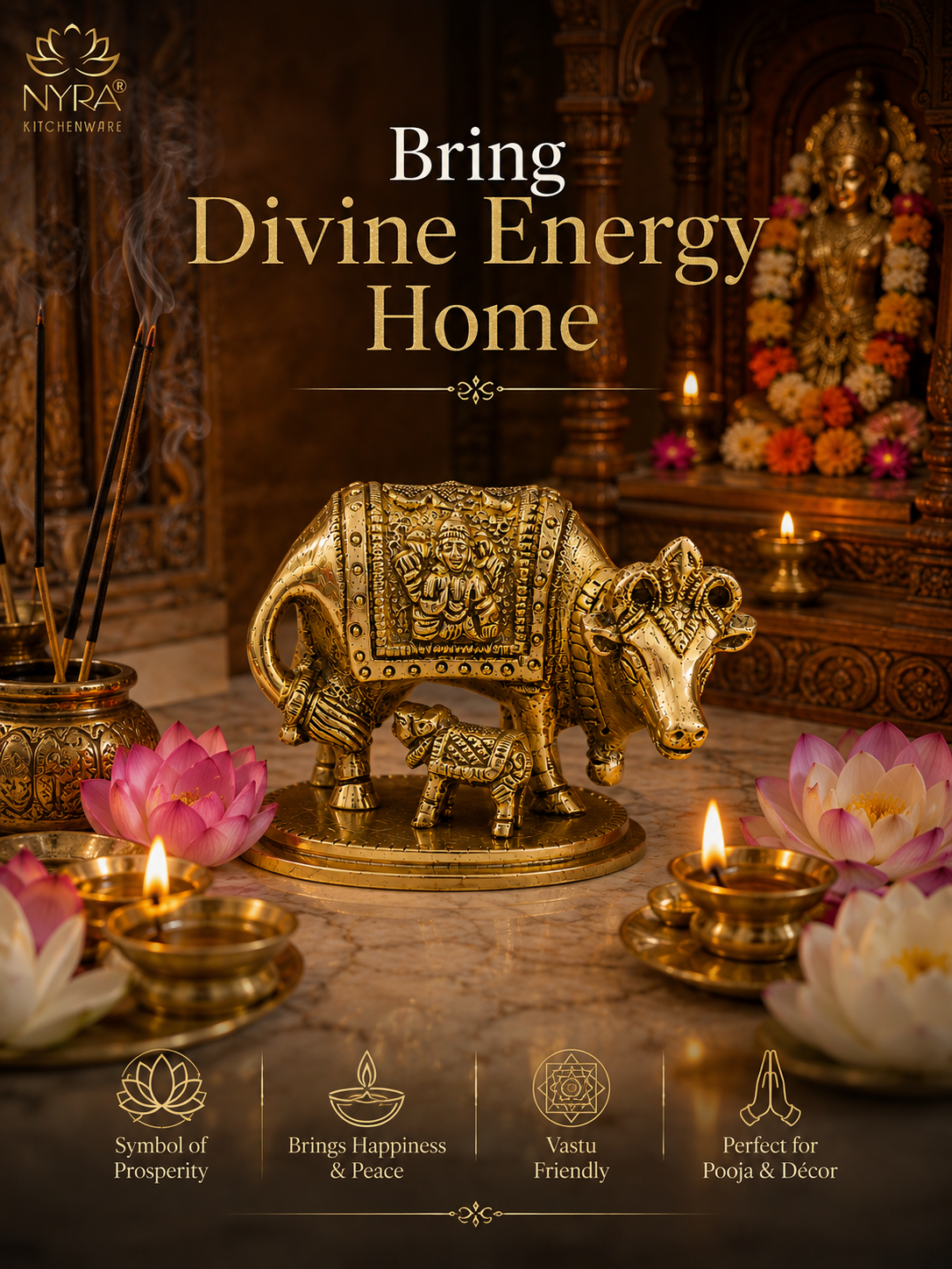 A brass-colored decorative bull and calf statue displayed on a table in a temple-like interior, with lit candles, pink and white lotus flowers, and the text 'Bring Divine Energy Home' above it. The NYA Kitchenware logo appears in the top left.