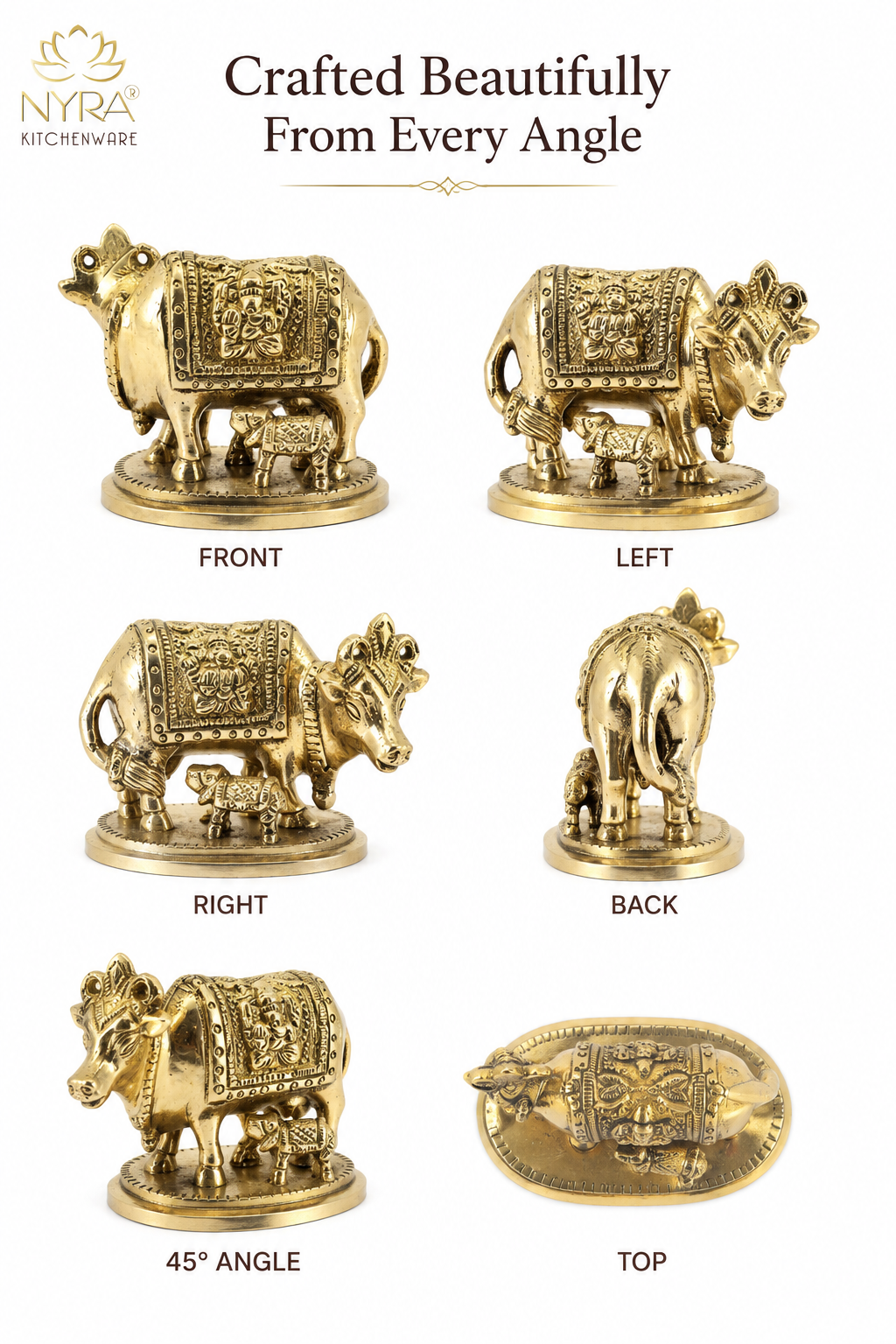 A brass cow and calf figurine shown from multiple angles on a white background, with the text 'Crafted Beautifully From Every Angle' and labels 'FRONT', 'LEFT', 'RIGHT', 'BACK', '45° ANGLE', and 'TOP'. The NYRA Kitchenware logo appears in the top left.