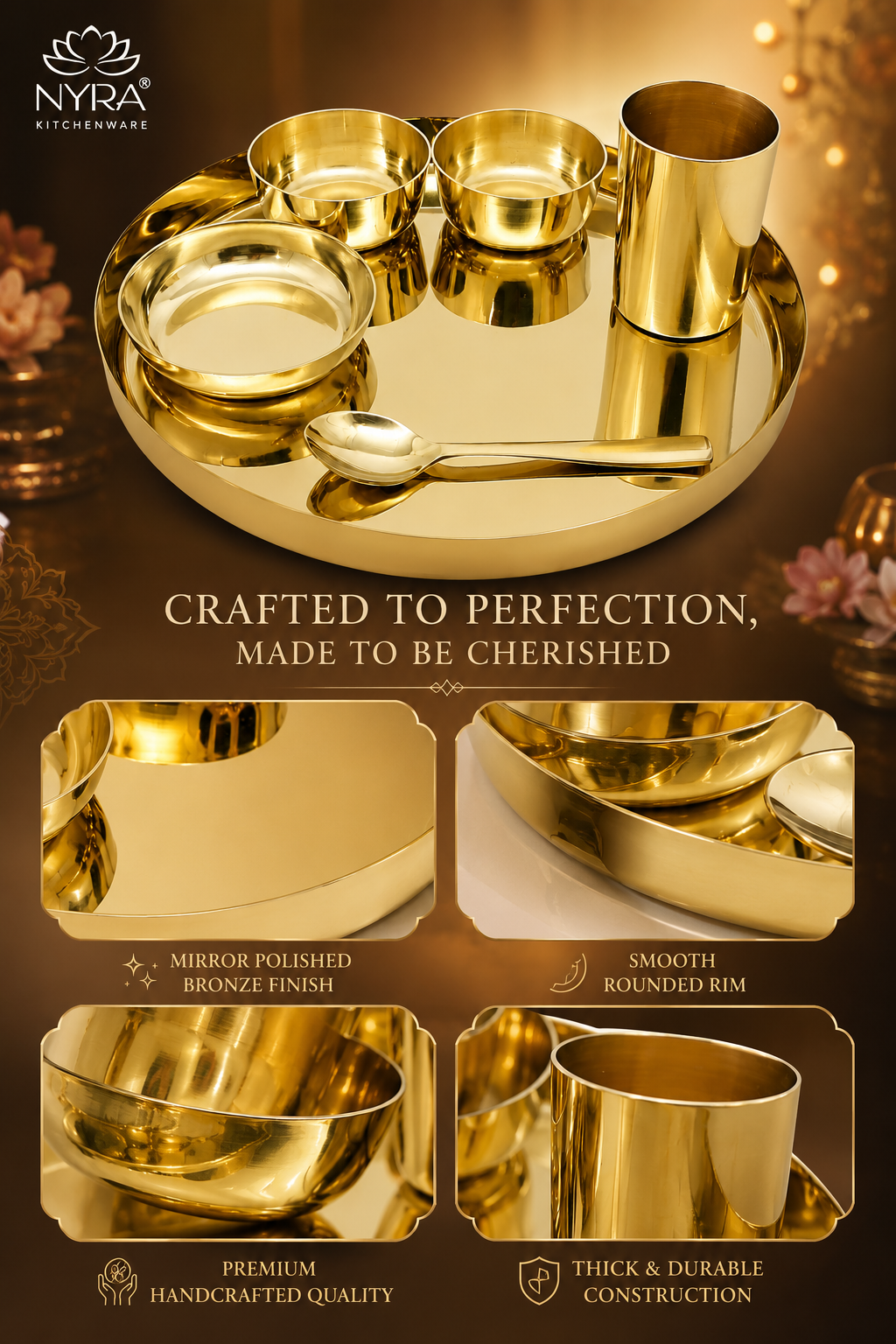 Gold-plated brass Navkar/Divina set from NYRA Kitchenware, featuring a large tray, four small bowls, a cylindrical cup, and a spoon, presented on a warm golden background with detail inset images.