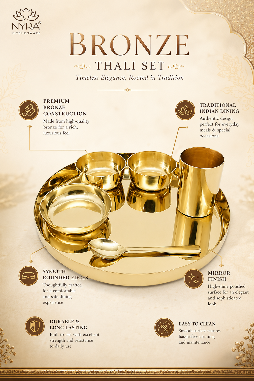 Bronze Thali Set product information graphic from NYRA Kitchenware, showing a polished brass thali set with labeled features and decorative text on a beige background.