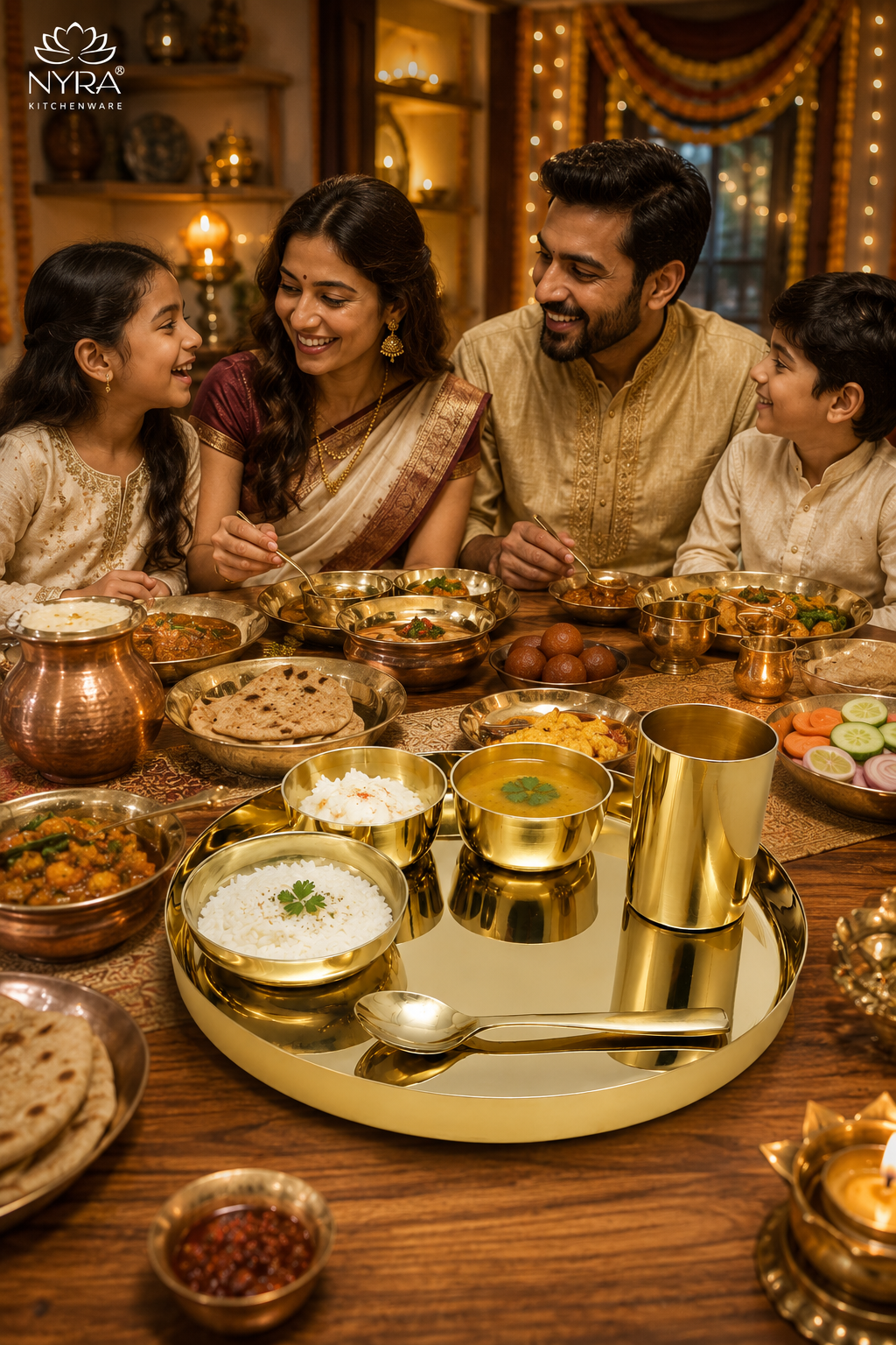 A family of four sharing a warm, festive dinner table laden with traditional Indian food in brass and gold-toned bowls, with a large round platter in the foreground. The scene is warmly lit with golden ambient light, and the NYRA Lifestyle logo is visible in the top left corner.