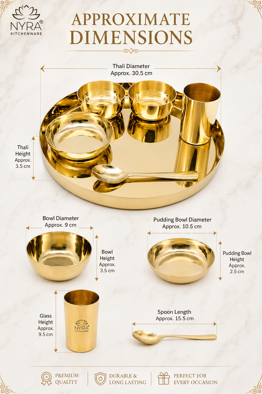 A dimension diagram for a gold-colored traditional Indian thali set, showing approximate measurements for the thali diameter, bowls, glass cup, and spoon. The image features a golden thali with four bowls, a small glass cup, and a spoon on a light marble background with text overlays indicating dimensions.
