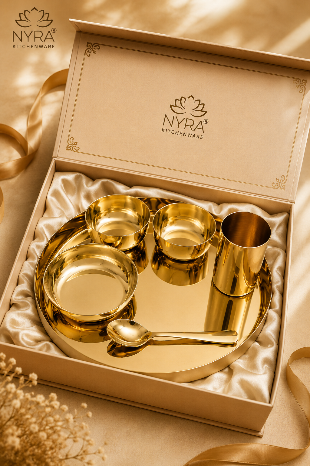 Gold-toned NYRA kitchenware set presented in an open beige gift box with satin lining, including a tray, small bowls, a cup, and a spoon, photographed on a warm beige fabric background.
