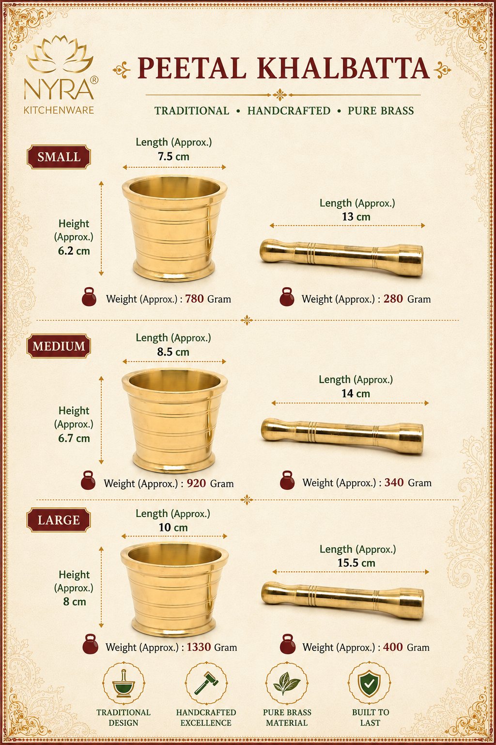 A product information graphic for Peetal Khalbatta brass pots by Nyra Kitchenware, showing size measurements and weights for Small, Medium, and Large sizes on a beige background with decorative borders.