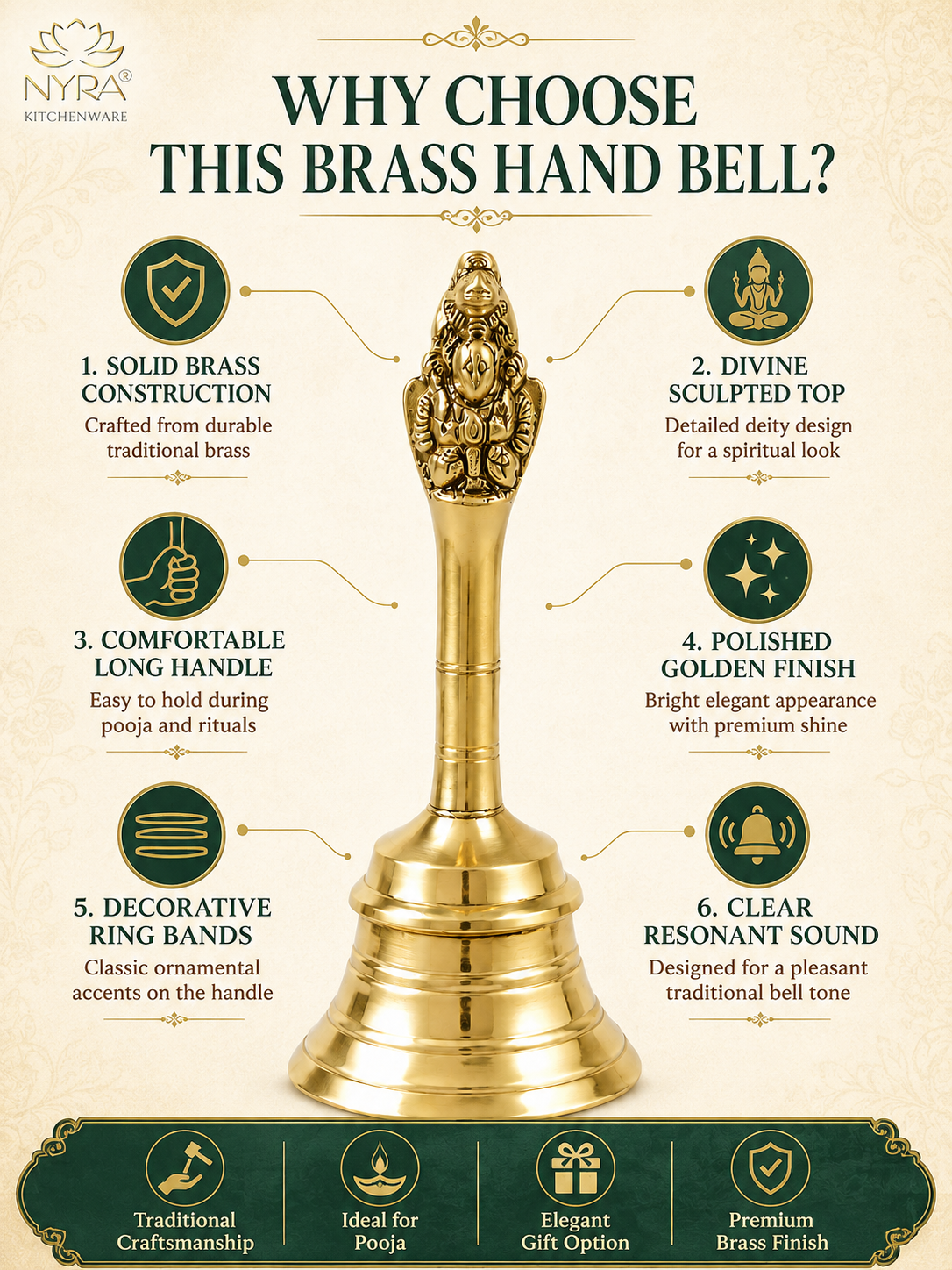 An infographic titled 'WHY CHOOSE THIS BRASS HAND BELL?' on a cream background, featuring a large ornate gold brass hand bell in the center with six callout points about its features and benefits, plus a dark green footer with icons.