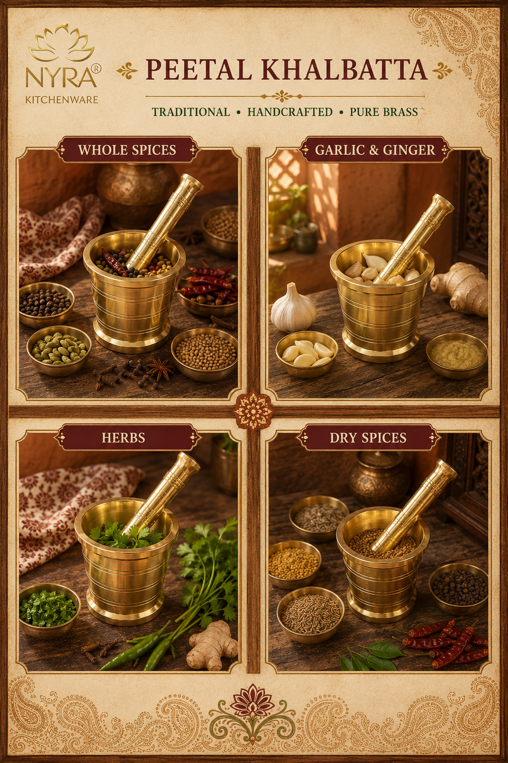 A branded collage for Nyra Kitchenware showing four panels labeled Whole Spices, Garlic & Ginger, Herbs, and Dry Spices, each featuring a brass mortar and pestle with spices and ingredients on a rustic wooden surface. The overall layout is a decorative beige promotional graphic with the text 'Peetal Khalbatta' and 'Traditional • Handcrafted • Pure Brass.