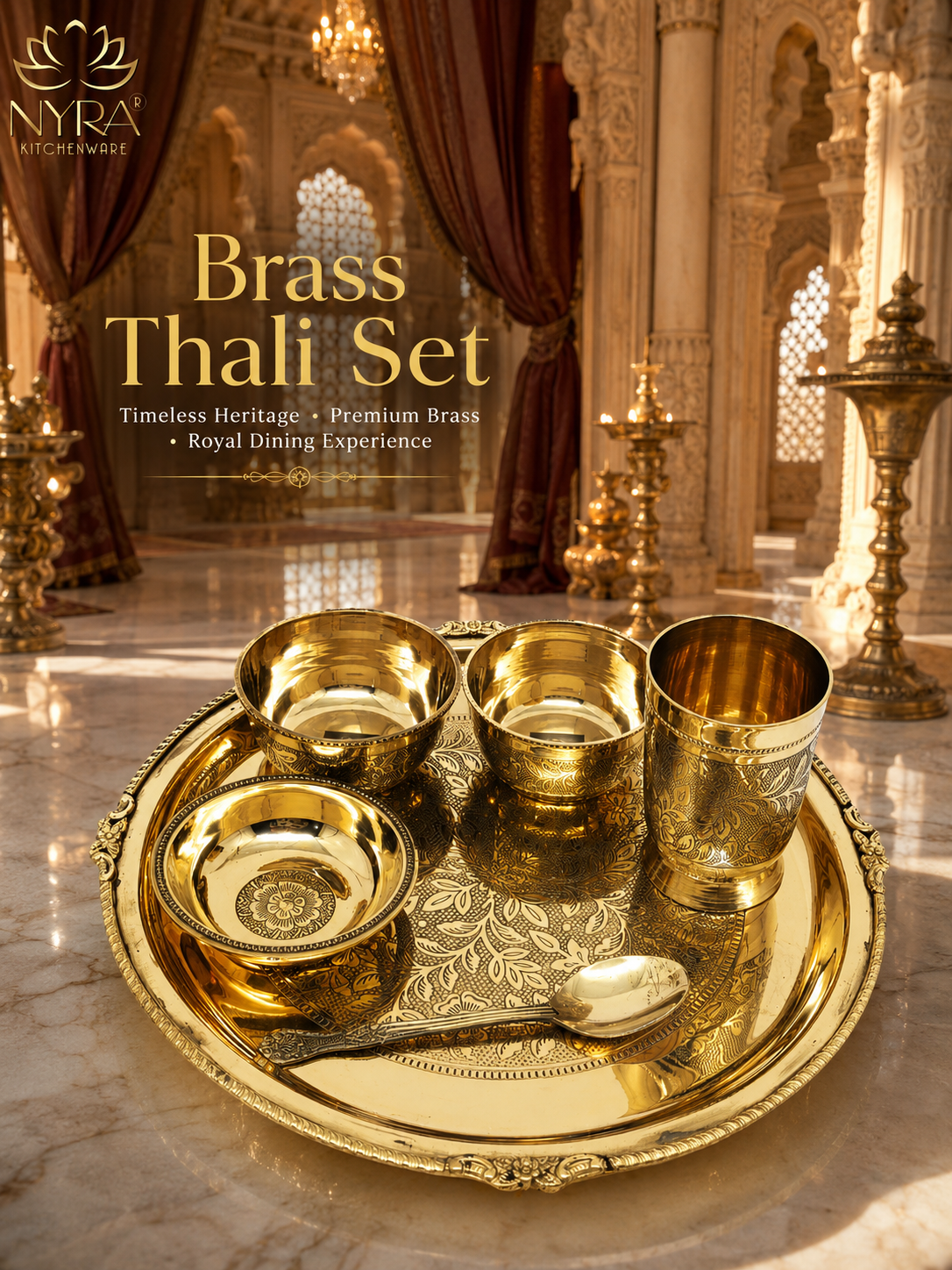 Traditional Brass Dinner Thali Set | Peetal Embossed Floral Design Set
