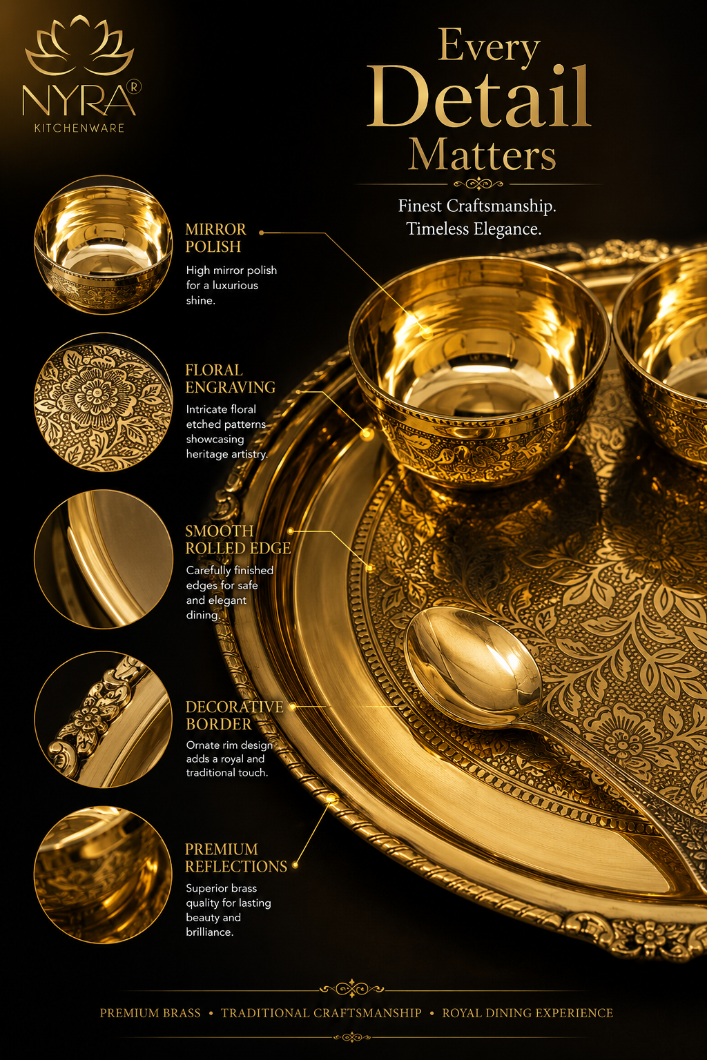 Traditional Brass Dinner Thali Set | Peetal Embossed Floral Design Set