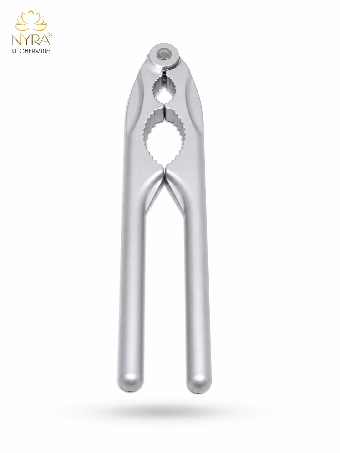 A stainless steel nutcracker tool from NYRA Kitchenware, shown vertically on a clean white background with a soft drop shadow.