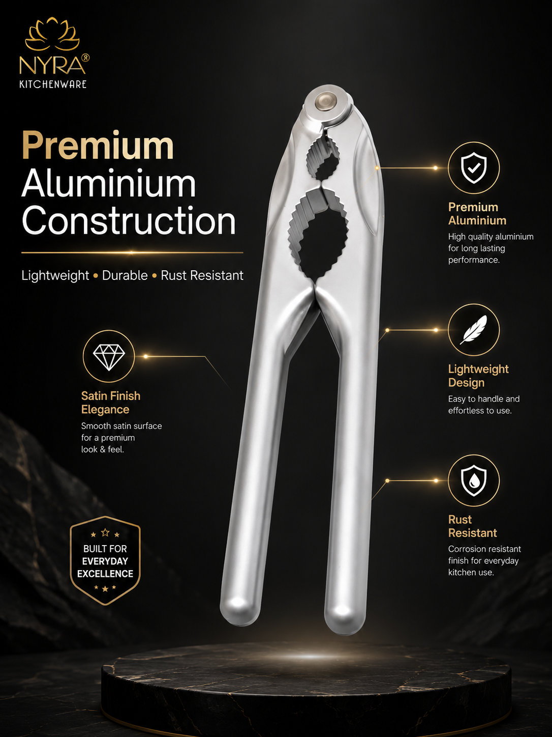 Nyra kitchenware premium aluminium kitchen shears shown on a dark promotional background with feature callouts and text.