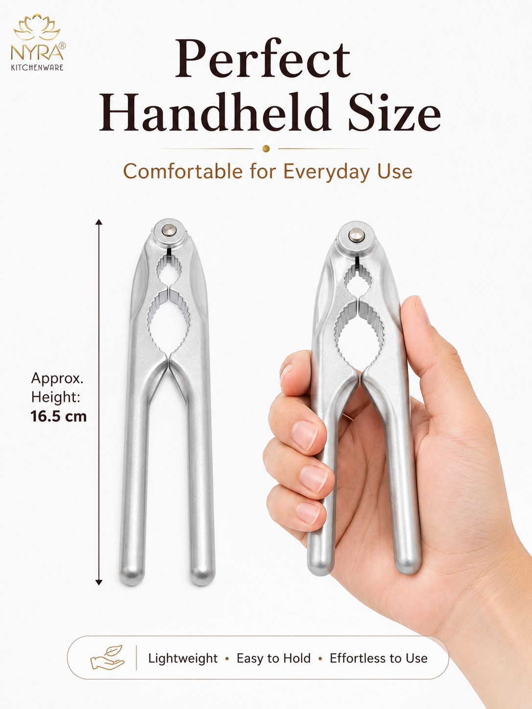 A pair of stainless steel handheld kitchen tools shown on a white background, with text reading 'Perfect Handheld Size' and a hand holding one tool for scale. A NYRA Kitchenwise logo appears at top left, and dimensions are noted as approx.