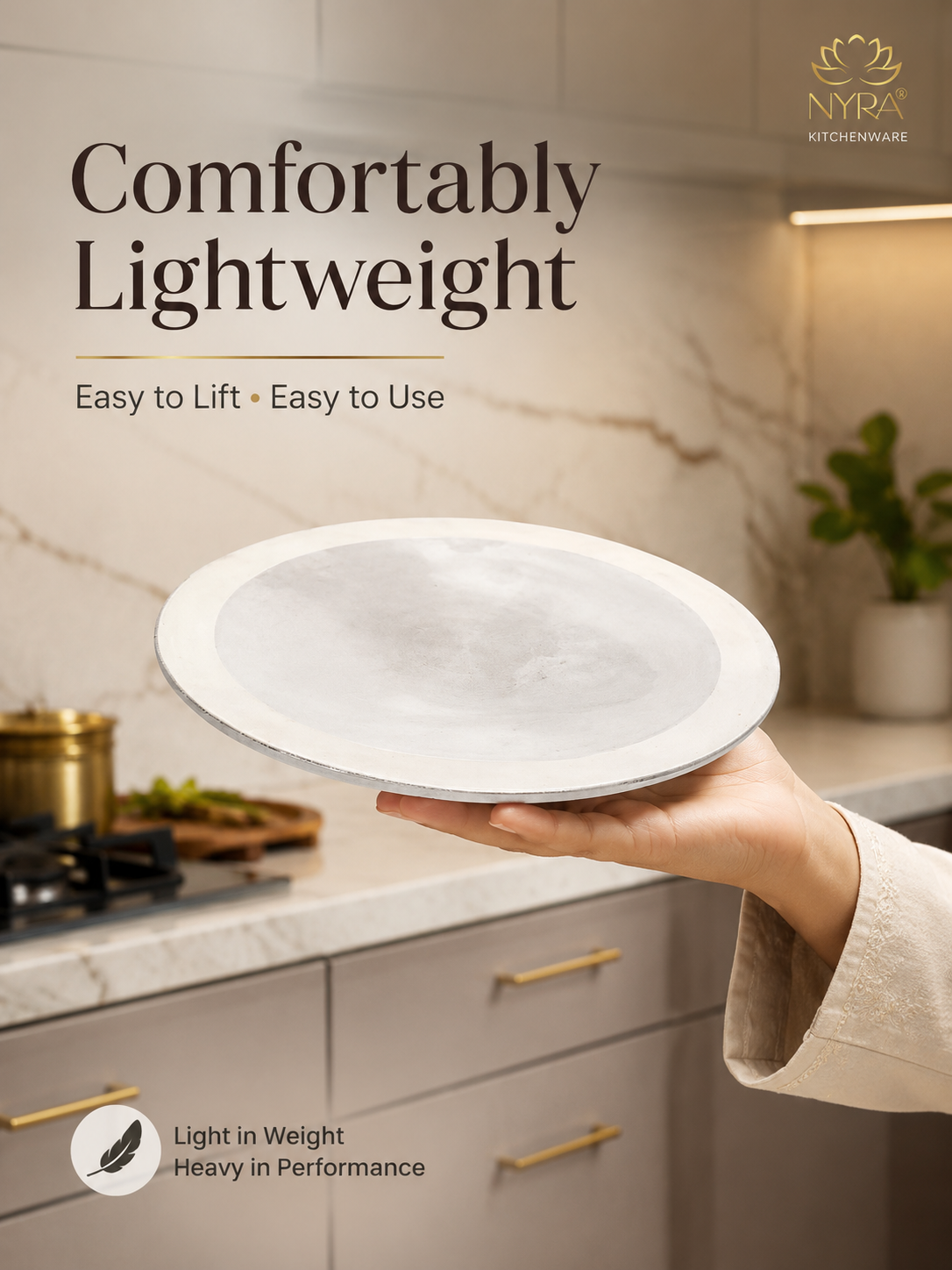 A hand holds a round white NYPA kitchenware plate or tray in a modern kitchen setting. The image features marketing text reading 'Comfortably Lightweight' and 'Easy to Lift + Easy to Use' with the NYPA Kitchenware logo in the top right.
