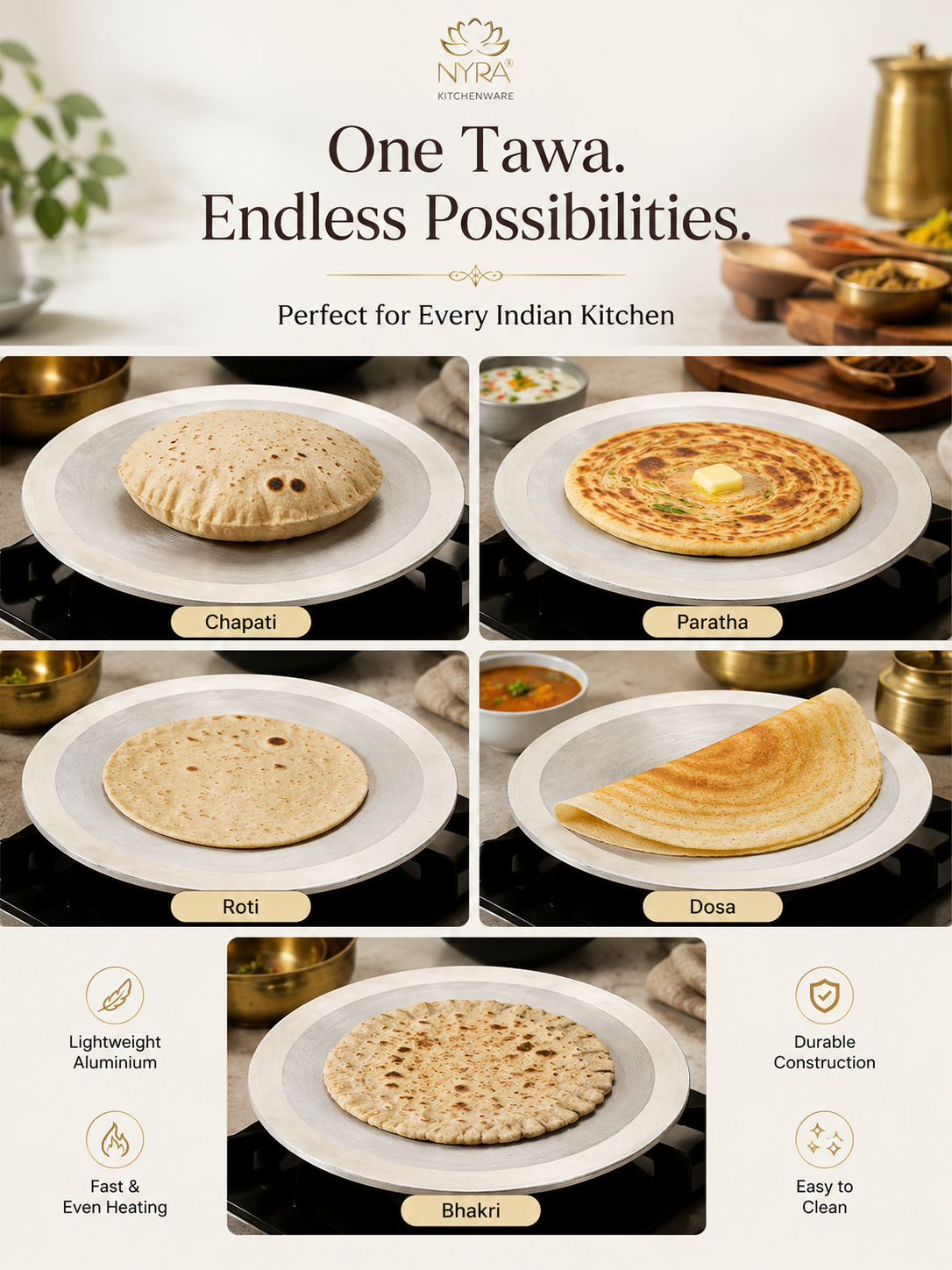 A promotional collage for a tawa pan set, showing five types of Indian flatbreads cooked on white tawas: Chapati, Paratha, Roti, Dosa, and Bhakri. The top of the image features the brand logo 'Nyra Kitchenware' with the tagline 'One Tawa.