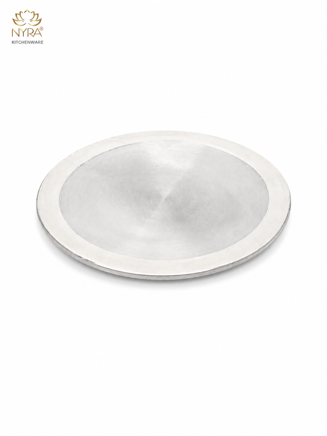 A round stainless steel bowl with a wide rim, shown from a top-down perspective on a white background with the NYRA Kitchenware logo in the top-left corner.