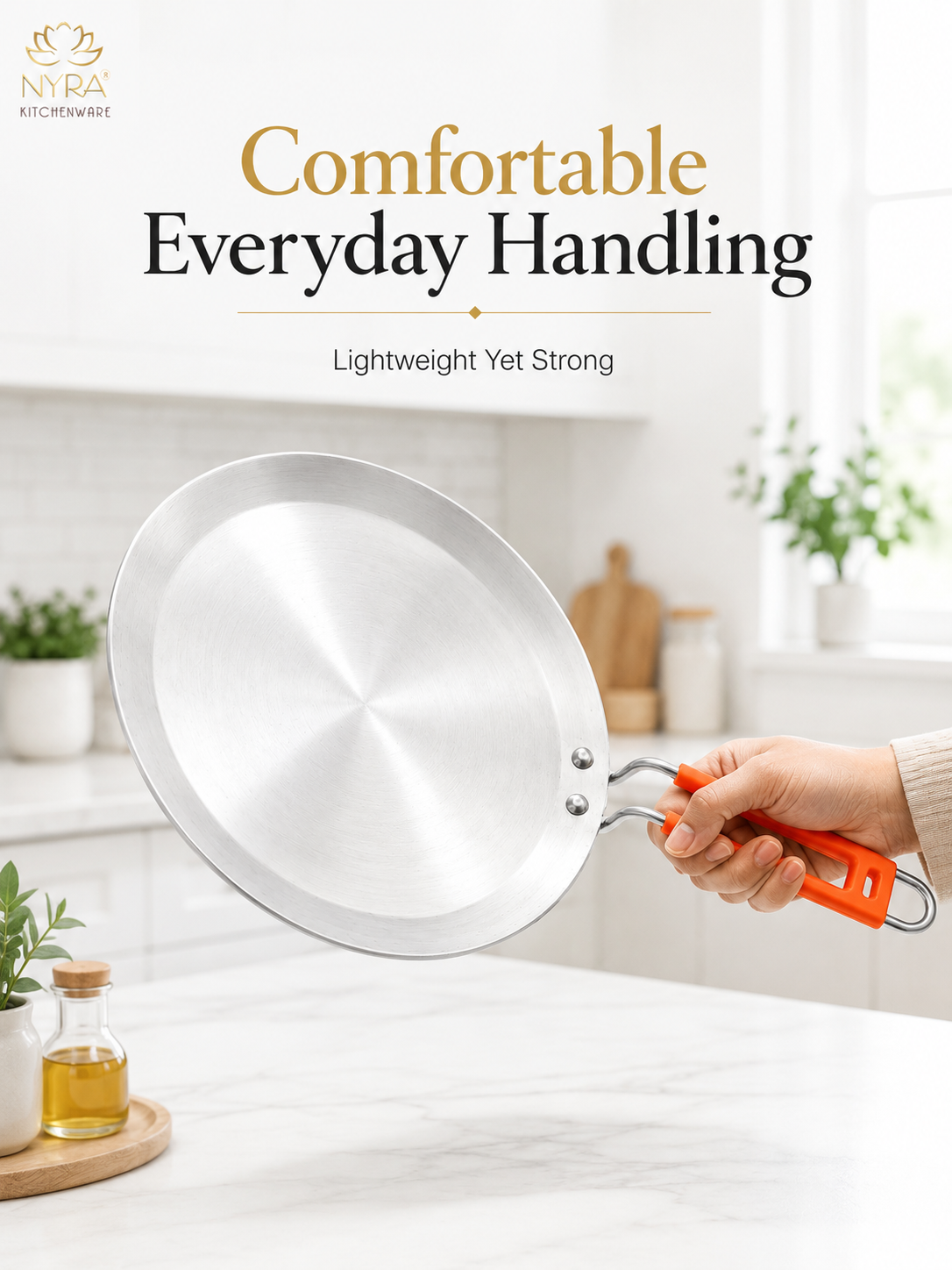 A stainless steel frying pan with a bright orange handle is being held by a person's hand in a bright, modern kitchen. Text at the top reads 'Comfortable Everyday Handling' and 'Lightweight Yet Strong' with the NIPA Kitchenware logo in the upper left.