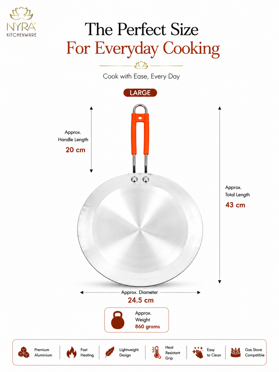 A size diagram of a large stainless steel frying pan with an orange handle, showing dimensions including a 20 cm handle length, 43 cm total length, and 24.5 cm diameter.