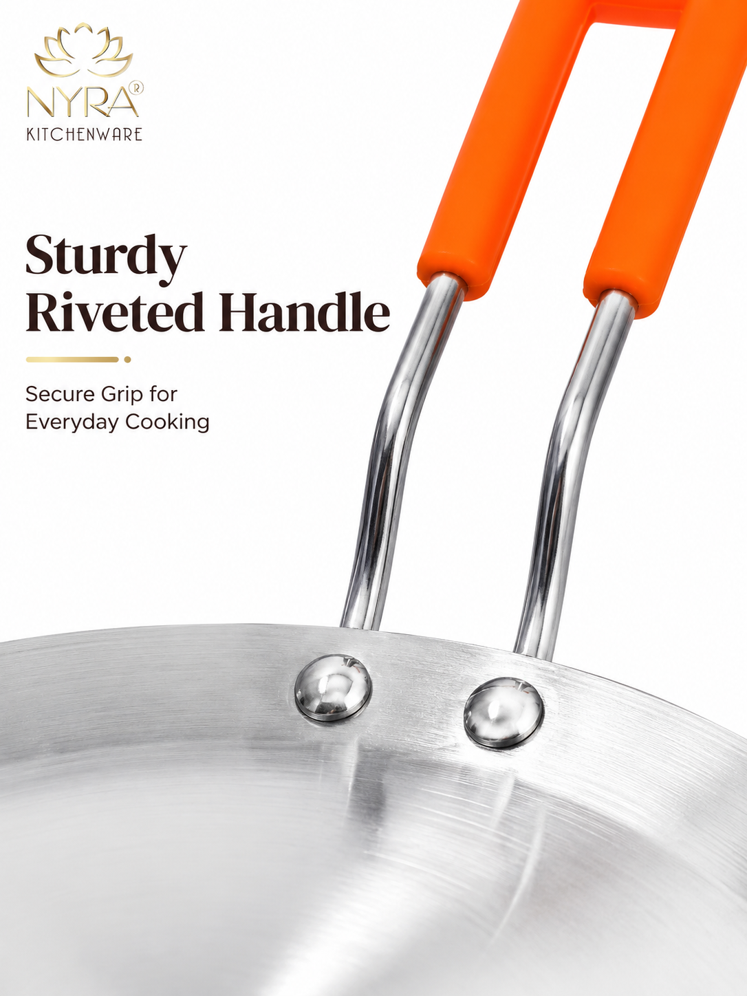 Close-up of a stainless steel pot handle with bright orange grips and riveted construction, shown on a white background with NYRA Kitchenware branding and the text 'Sturdy Riveted Handle'.