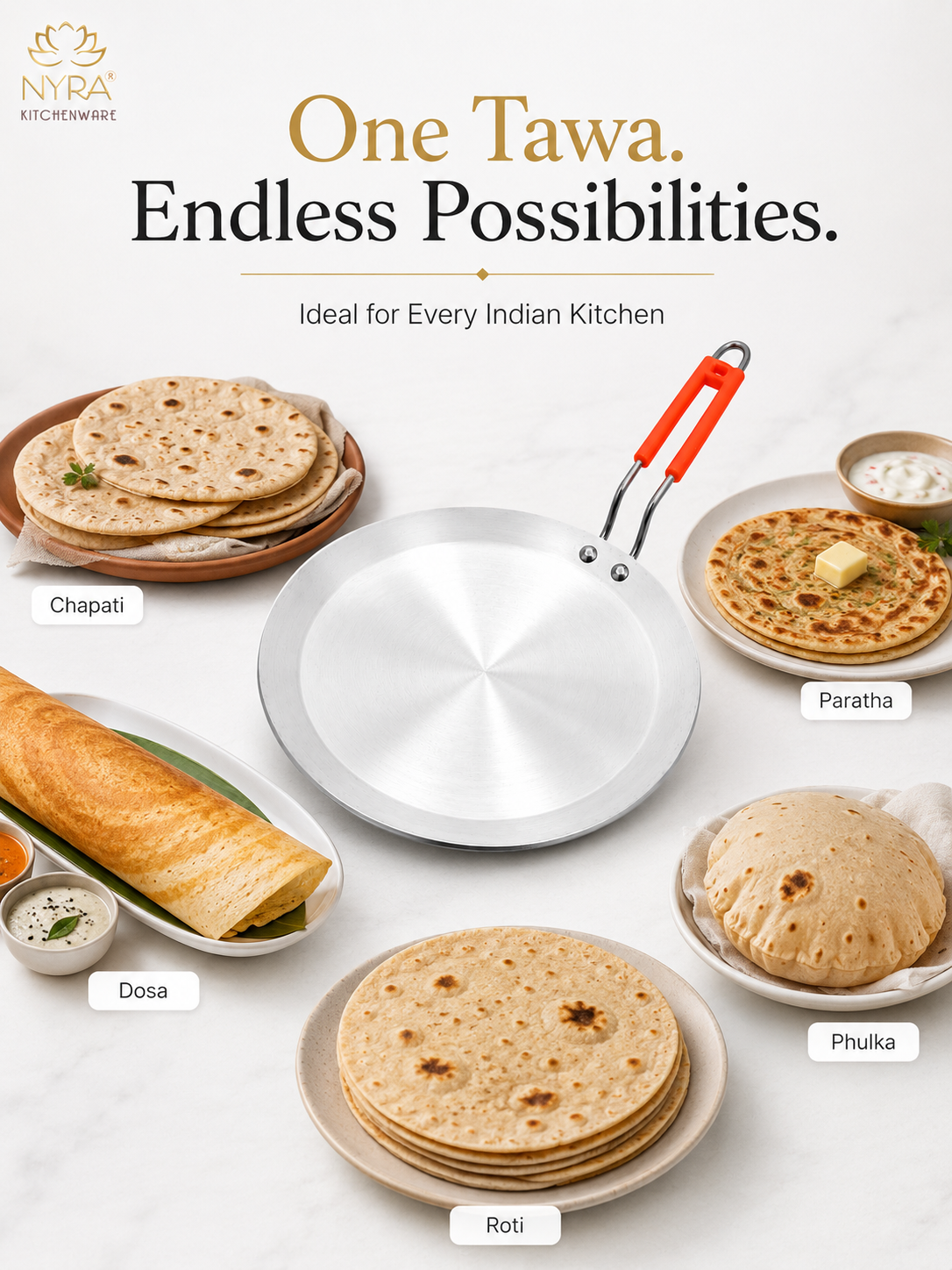 A stainless steel Indian kitchen pan with a bright orange handle is centered on a white background, surrounded by labeled Indian flatbreads and dosas. Text at the top reads 'One Tawa.