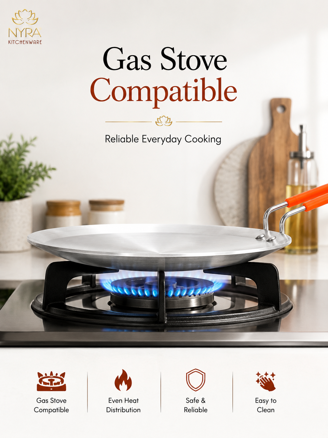 A gas stove-compatible cooking pan with a silver metallic body and orange handle, shown on a lit blue gas burner in a kitchen setting. The image includes text reading 'Gas Stove Compatible' and feature icons at the bottom.