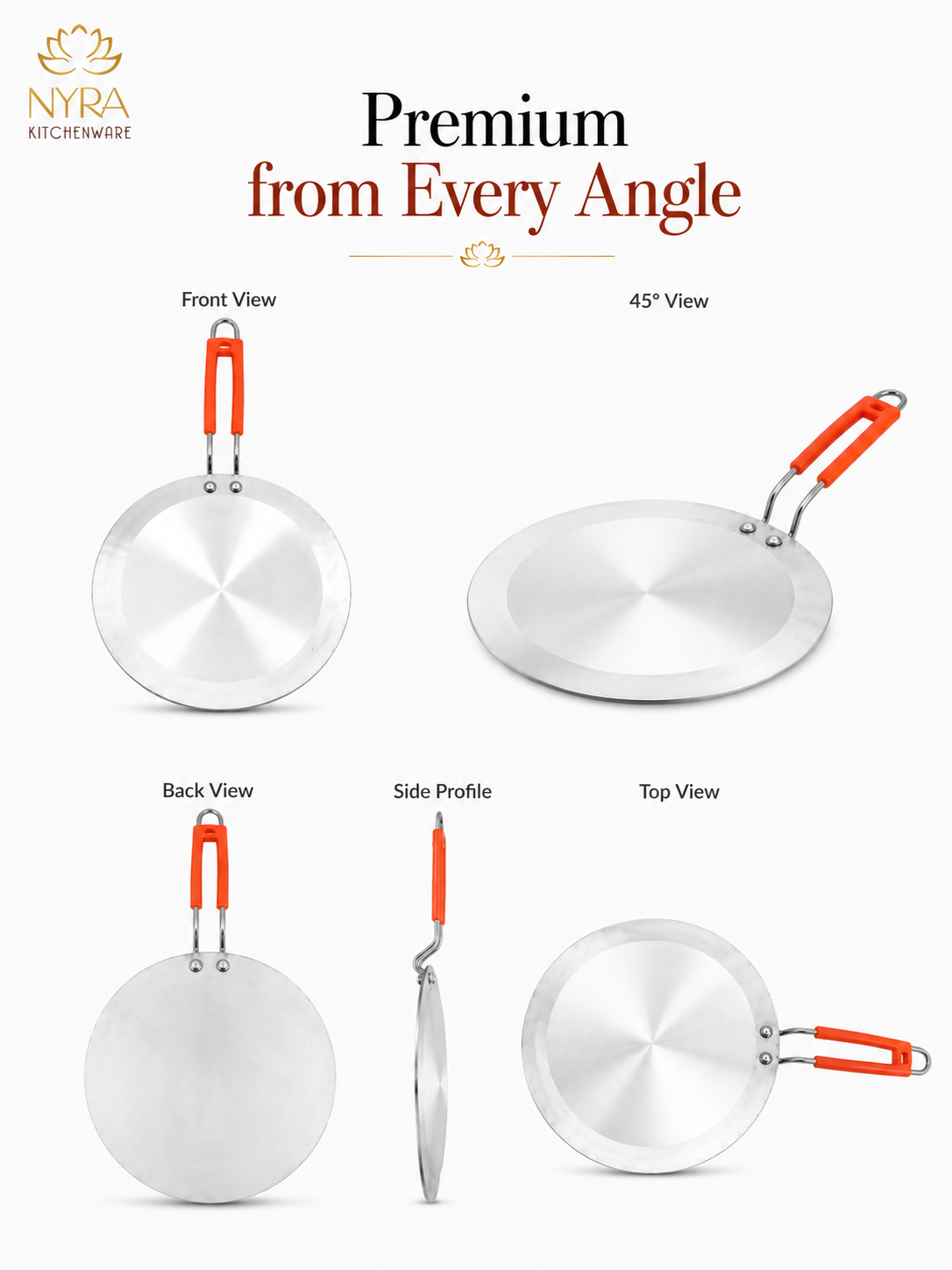 A stainless steel pan shown from five different angles (Front View, 45° View, Back View, Side Profile, Top View) on a clean white background, with the NYRA Kitchenwise logo in the top left corner and the headline 'Premium from Every Angle'.