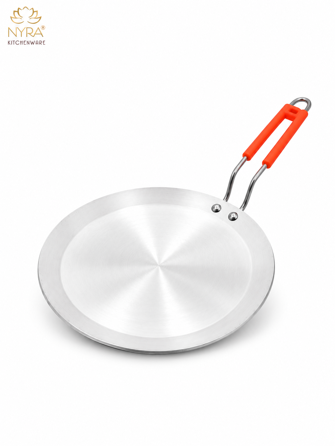 A stainless steel kadhai pan with a brushed silver finish and a bright orange handle, shown on a clean white background with the NYRA Kitchenware logo in the top left corner.