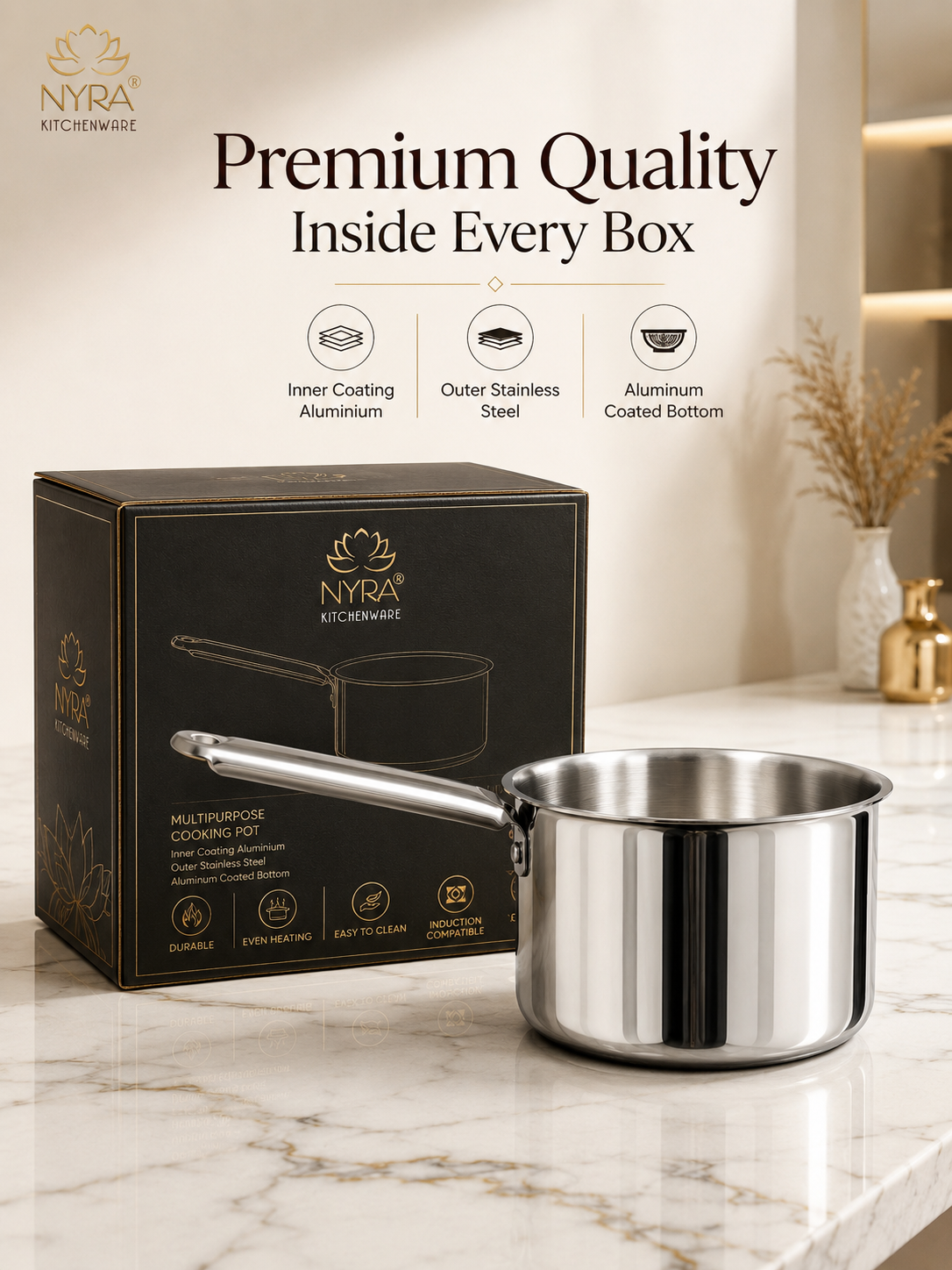 A stainless steel saucepan with a long handle sits in front of its black NYRA Kitchenware box on a light marble countertop. Above the product, text reads 'Premium Quality Inside Every Box' with feature icons for inner coating, outer stainless steel, and aluminum-coated bottom.