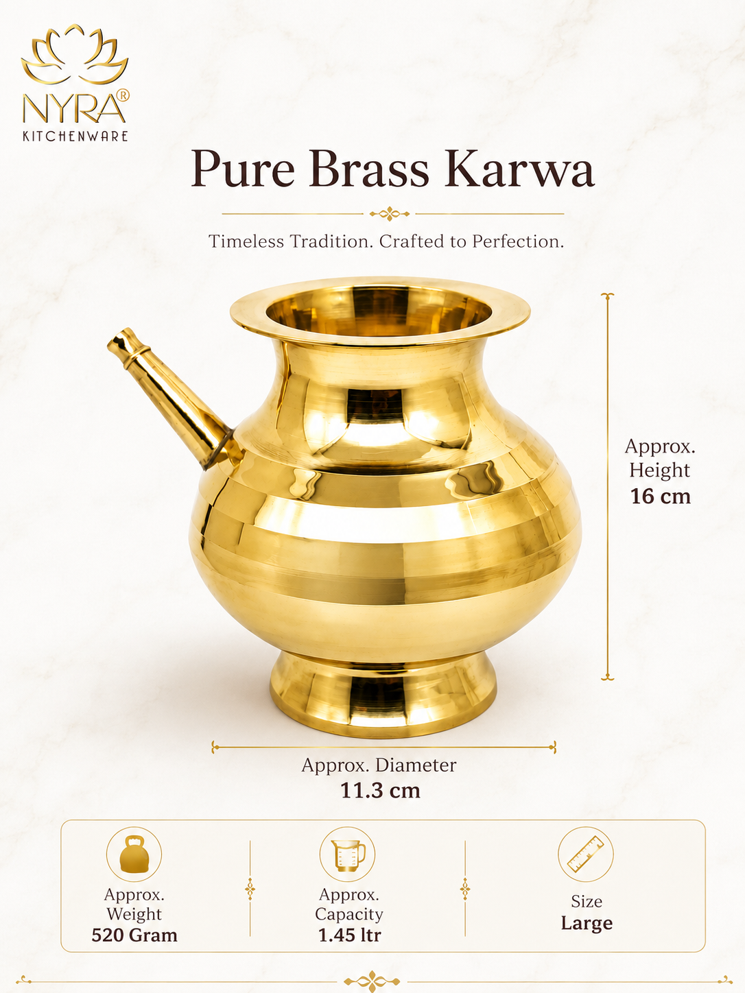 A gold-toned brass karwa pitcher shown on a light cream background with product text and dimensions. The image includes the brand name NYRA Kitchenware, the product title 'Pure Brass Karwa,' height and diameter measurements, and small capacity/weight icons at the bottom.