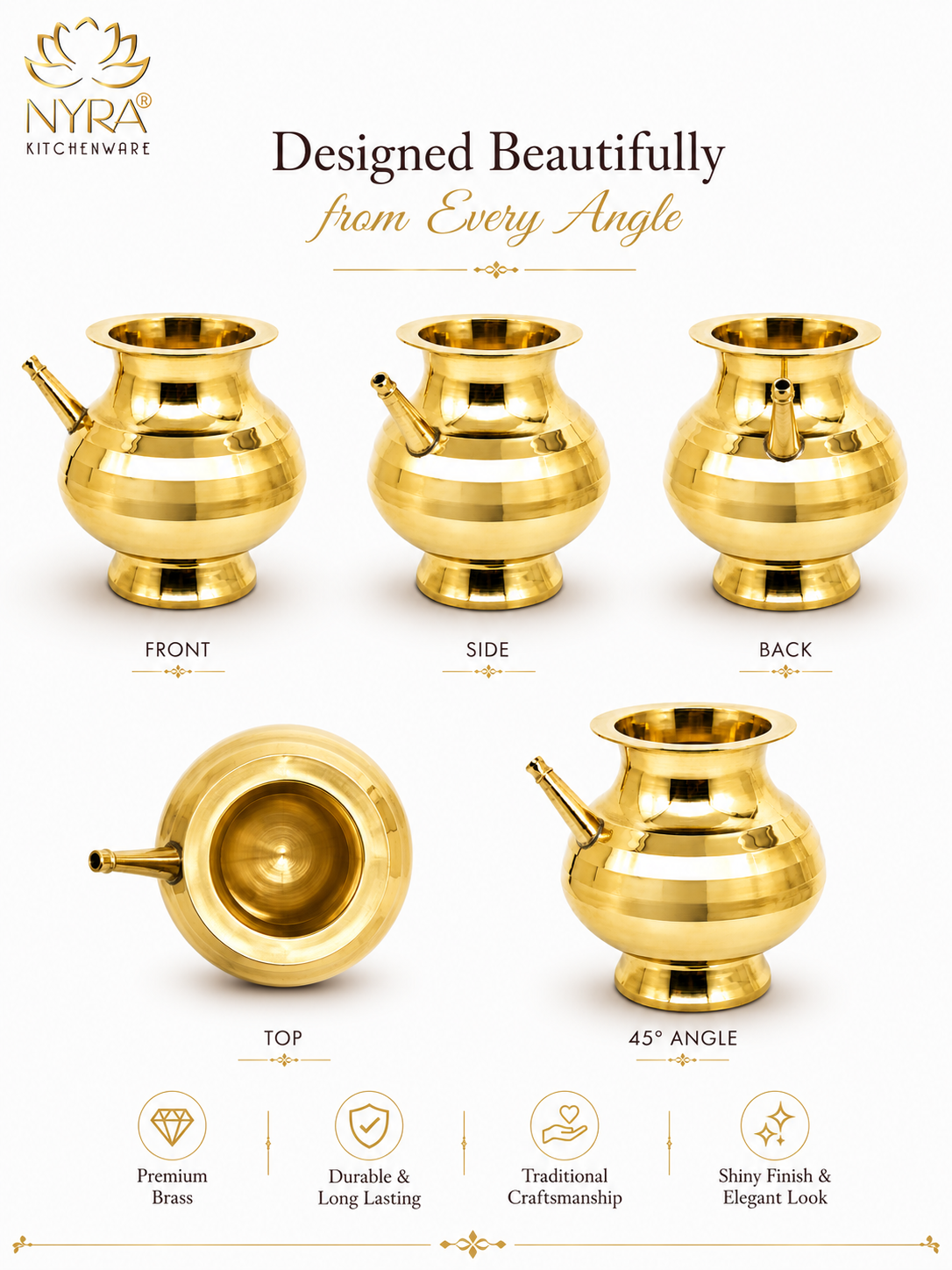 A product infographic for a brass pitcher from NYRA Kitchenware, showing five views (front, side, back, top, and 45-degree angle) of a polished gold-colored vessel on a white background with descriptive text and feature icons.