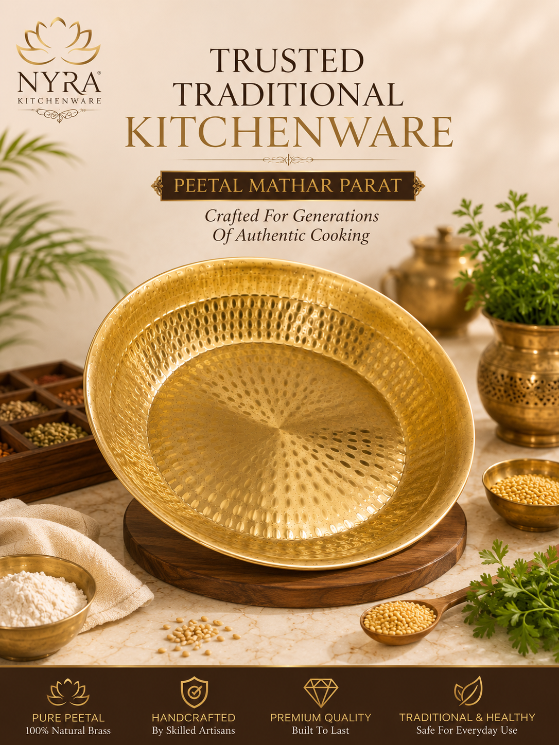 Traditional Brass Hammered Parat | Mathar Peetal Parath for Dough Kneading & Mixing