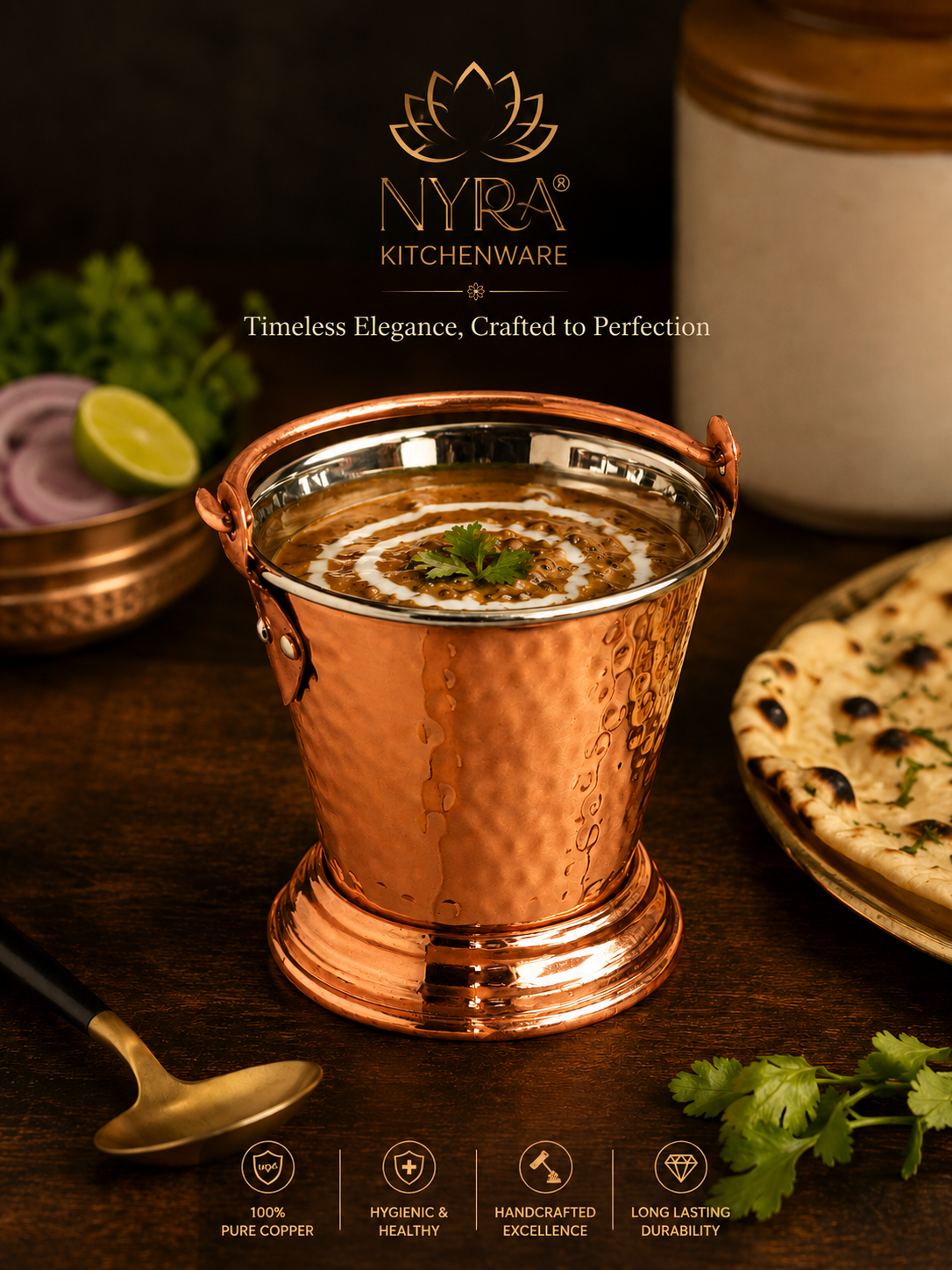 Copper Serving Bucket with Steel Insulated Interior | Traditional Indian Tableware/Serveware