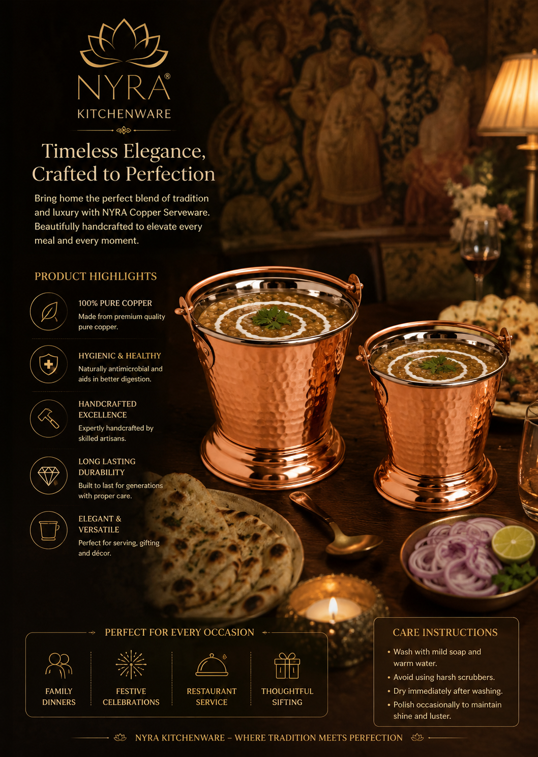 Copper Serving Bucket with Steel Insulated Interior | Traditional Indian Tableware/Serveware