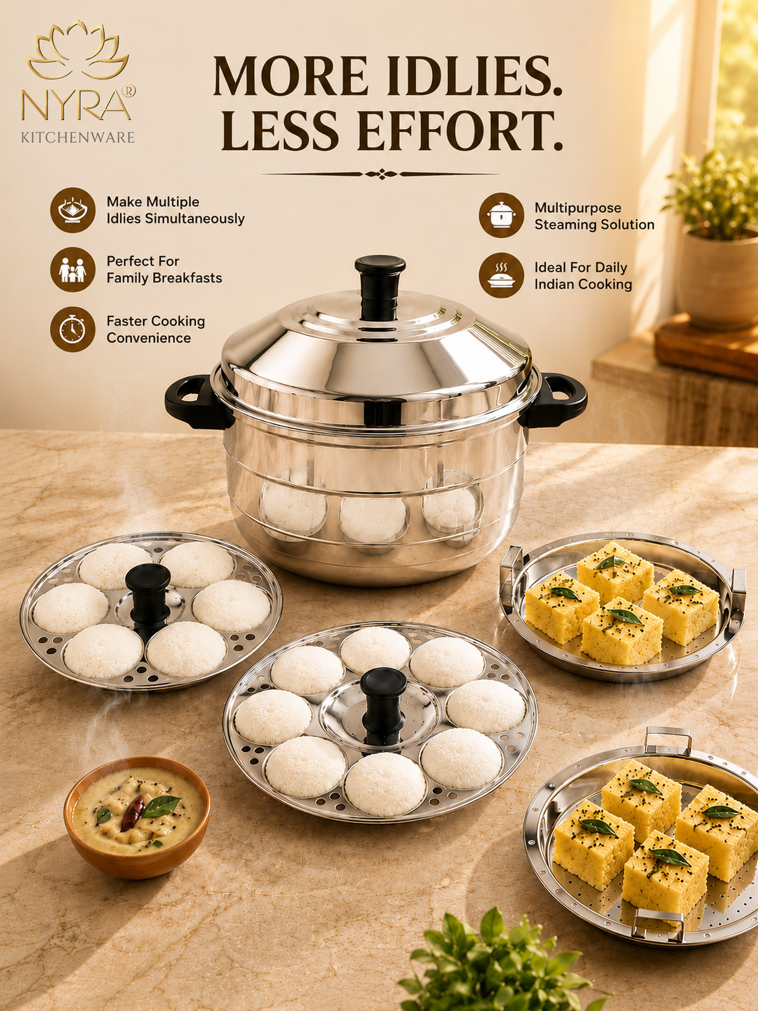 Stainless Steel Idli Cooker - 5 Plates | 3-Tier Steamer for Idli & Multi-Purpose Use