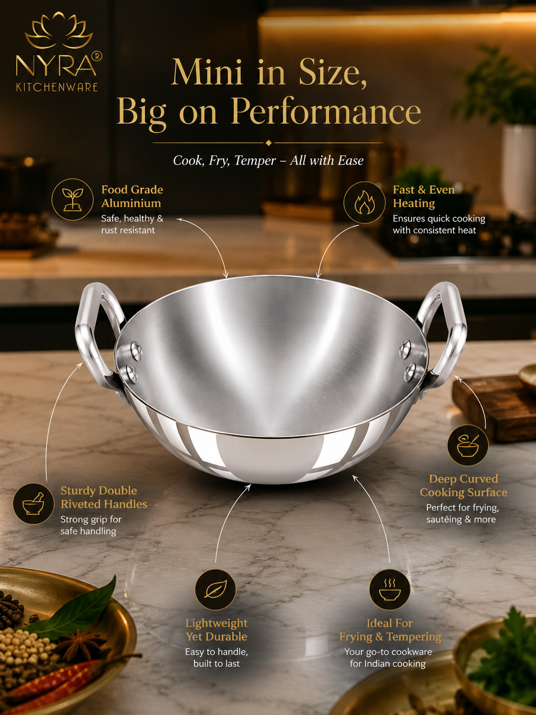 Silver wok with features highlighted on a kitchen counter, branded as Nyra Kitchenware.