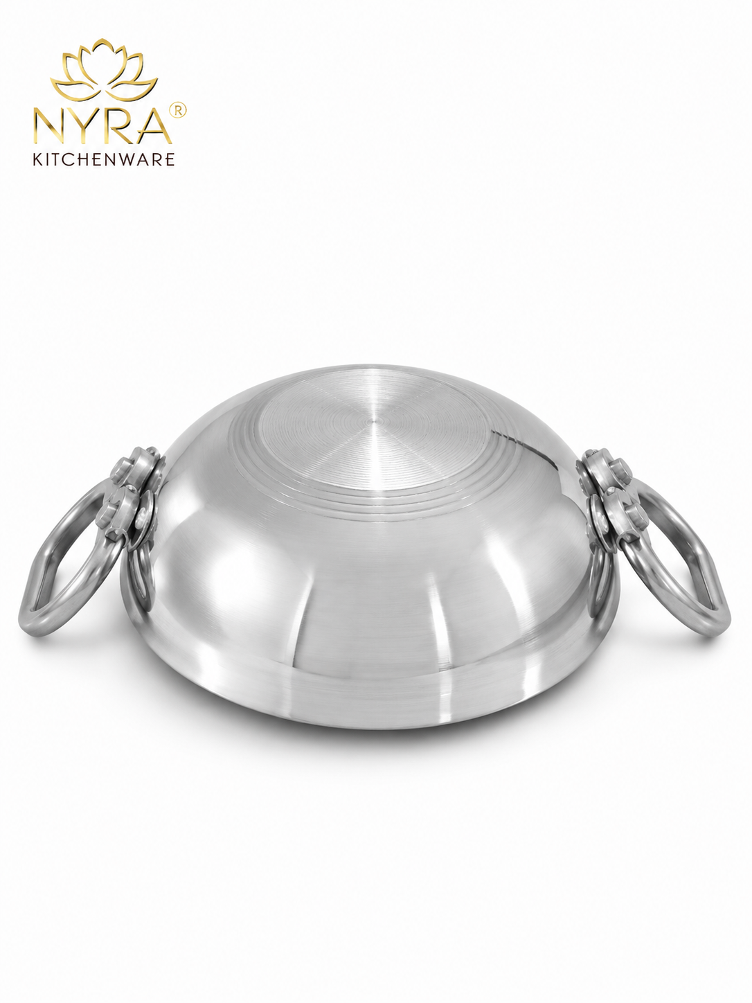 Silver kitchenware item with 'Nyra Kitchenware' logo on a white background